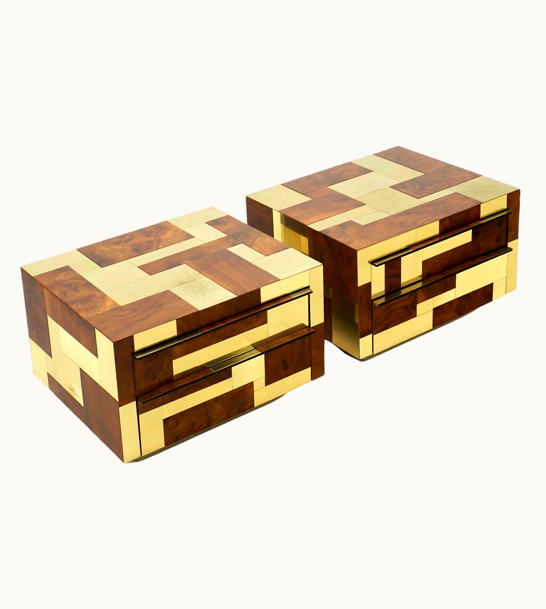 Paul Evans Paul Evans Pair Paul Evans Cityscape Night Stands, Burl And Brass With Drawers, Signed