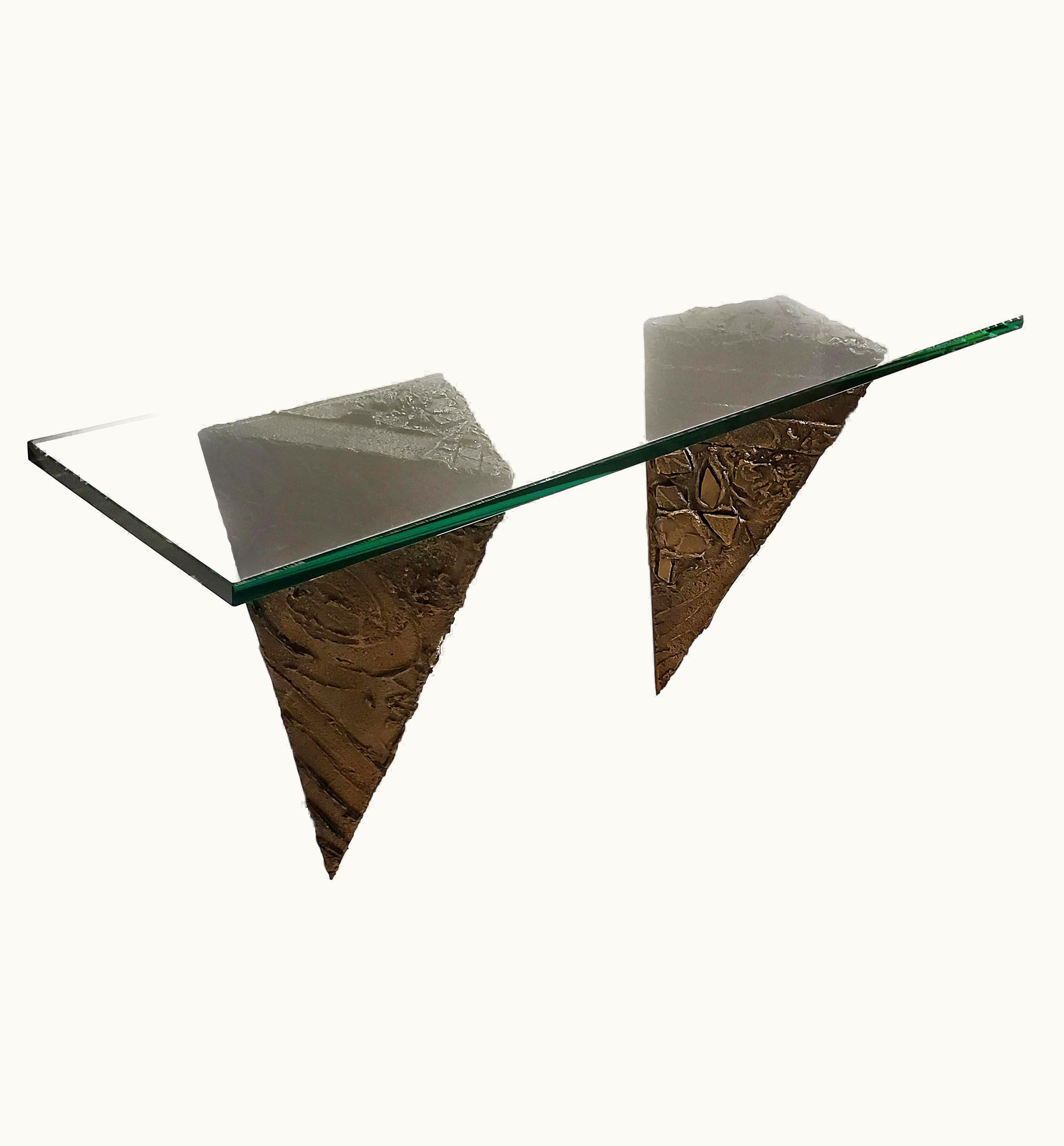 Paul Evans Paul Evans Console For Directional Brutalist Sculpted Bronze & Glass Wall Mount