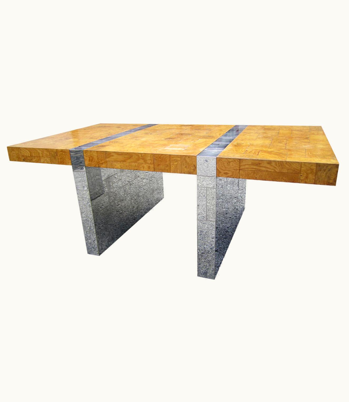 Paul Evans Paul Evans Magnificent Signed Paul Evans Burled Wood And Chrome Cityscape Dining Table