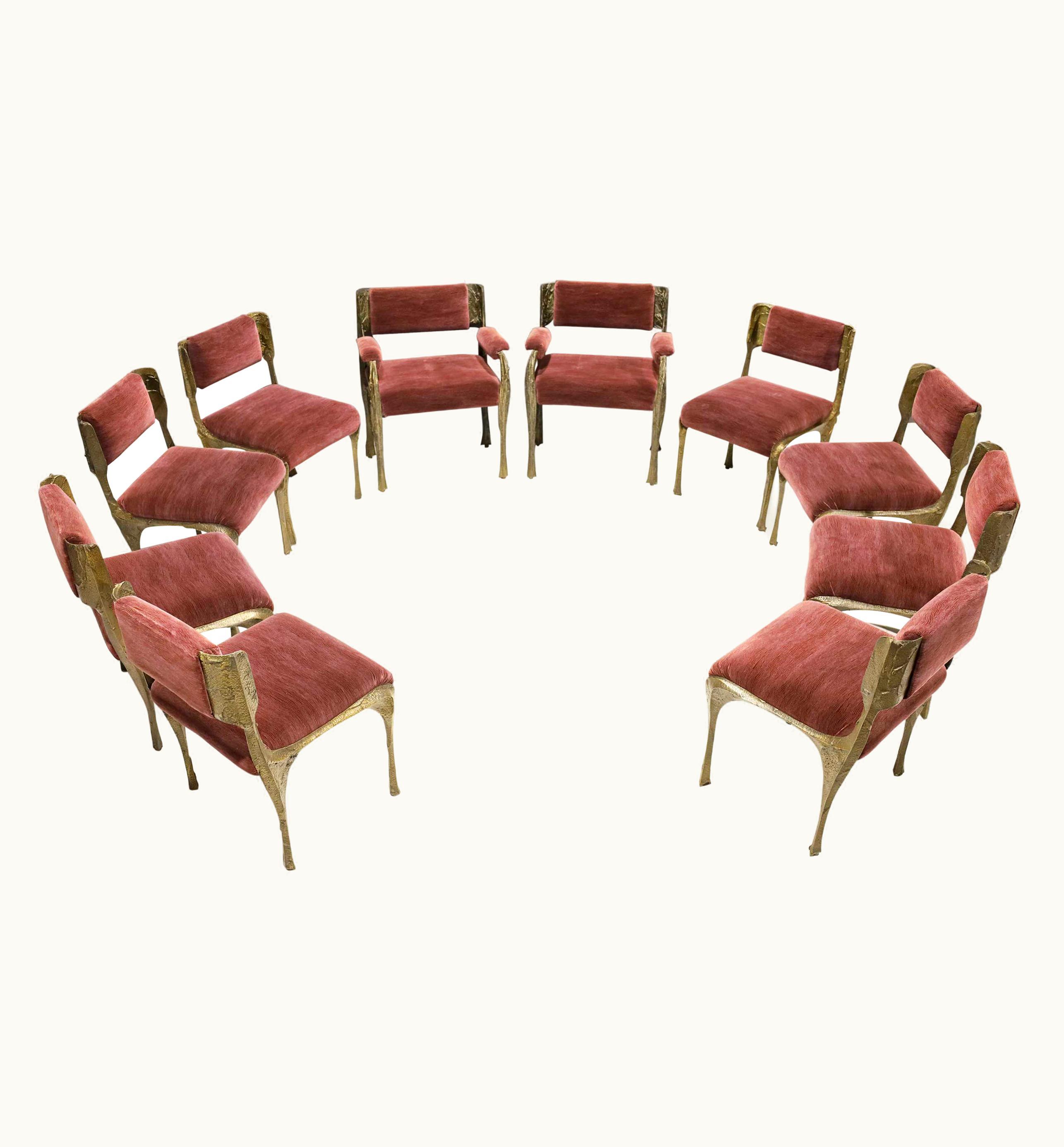 Paul Evans Paul Evans Set Of Ten Sculpted Bronze Dining Chairs In Aubergine Upholstery