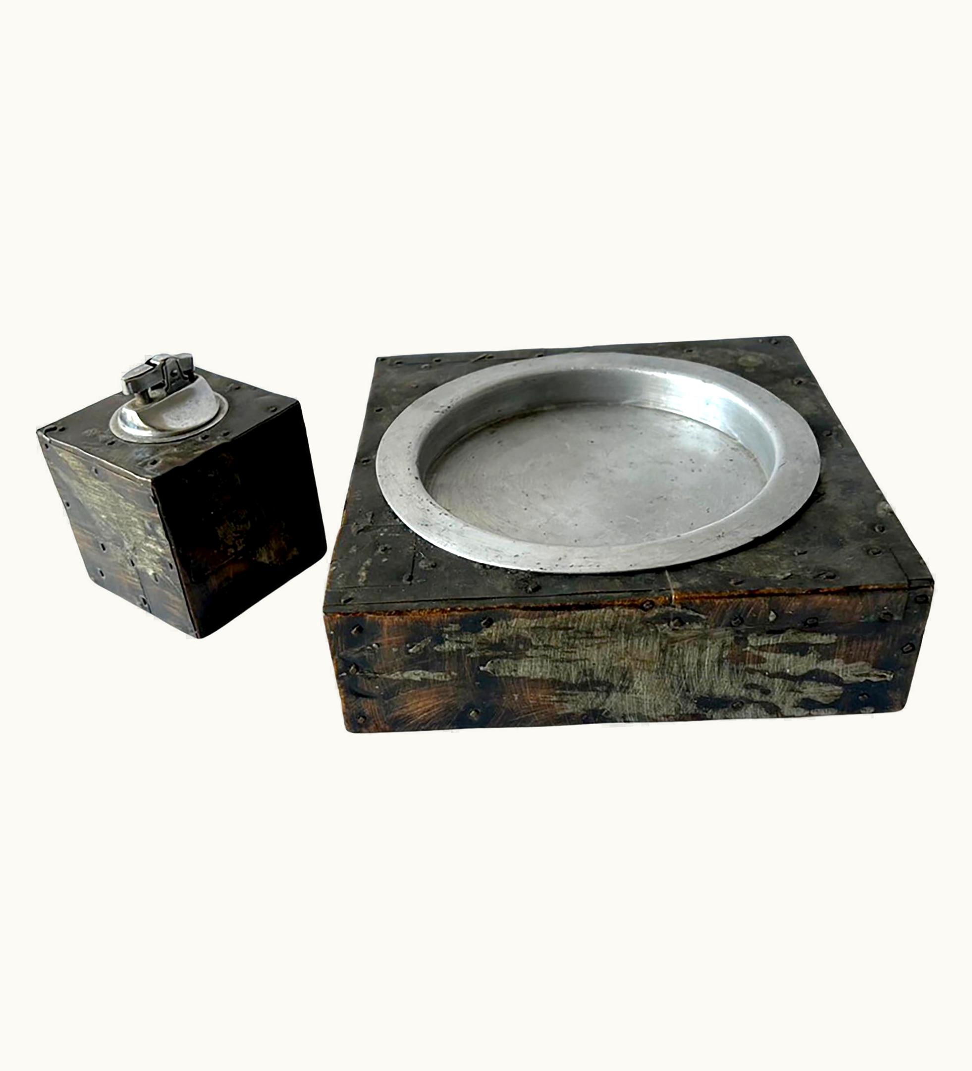 Paul Evans Paul Evans Brutalist Mixed Metal Patchwork Smoke Set