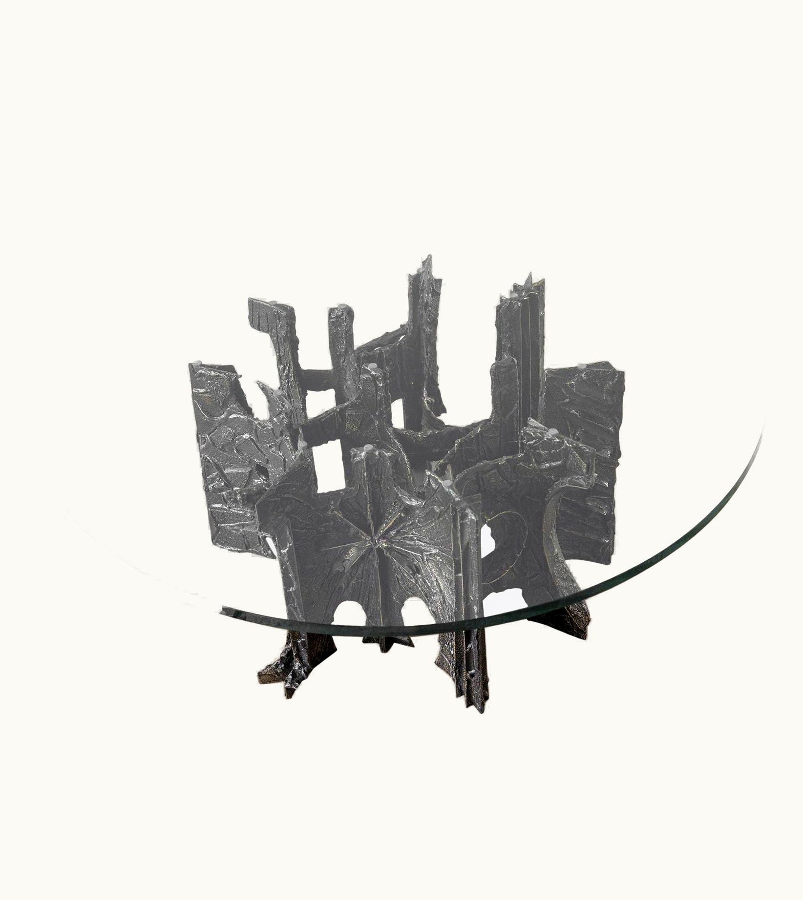 Paul Evans Paul Evans Sculpted Bronze Brutalist Glass Top Coffee Table For Directional 1969
