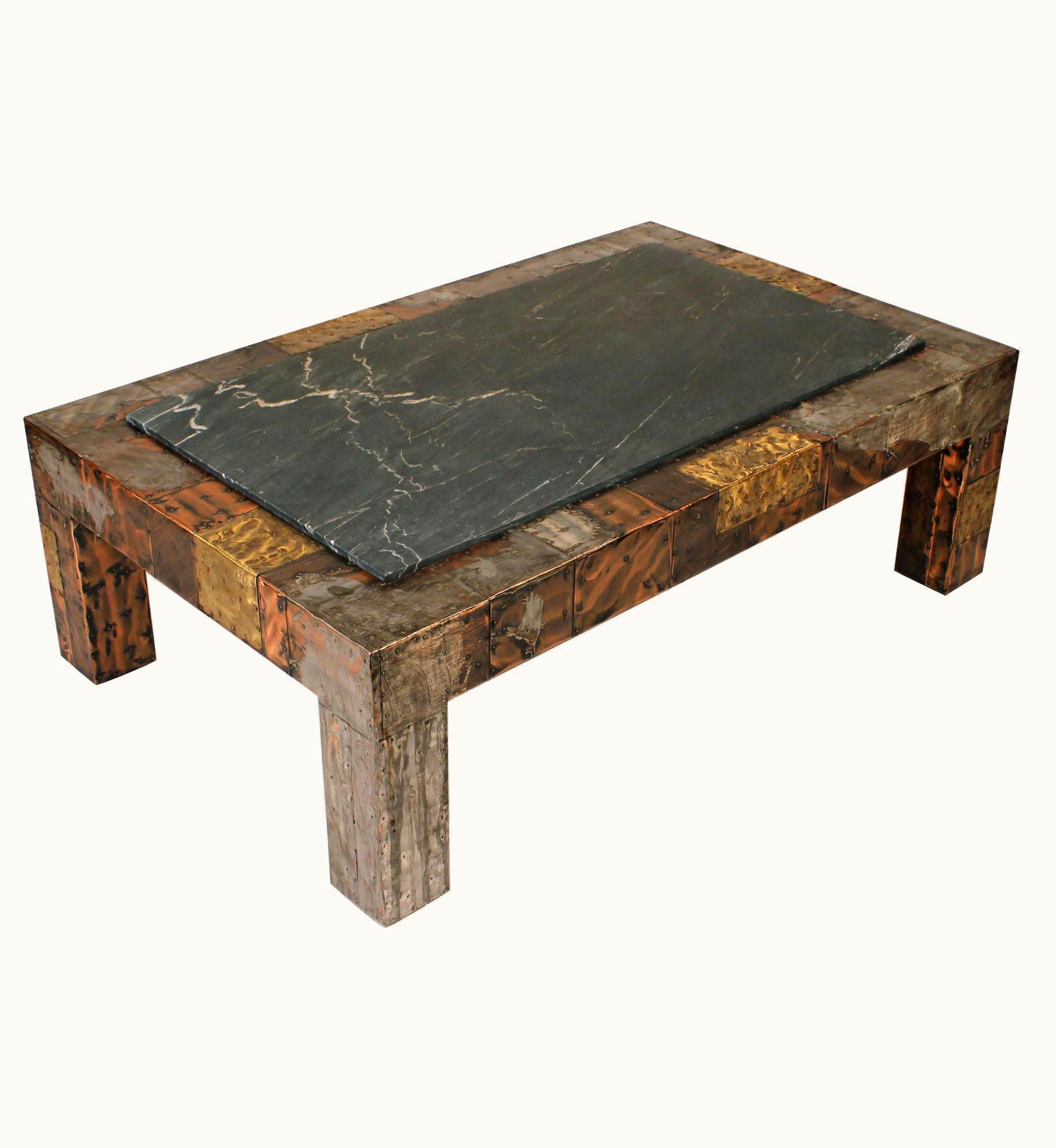 Paul Evans Paul Evans Brutalist Mixed Metals Patchwork Coffee Table With Exotic Slate Top