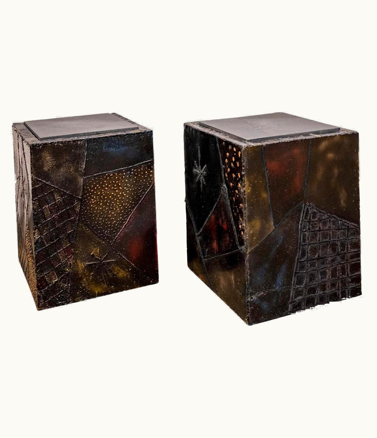 Paul Evans Rare Pair Of Welded Steel Cube Side Tables 1968 'Signed And Dated'