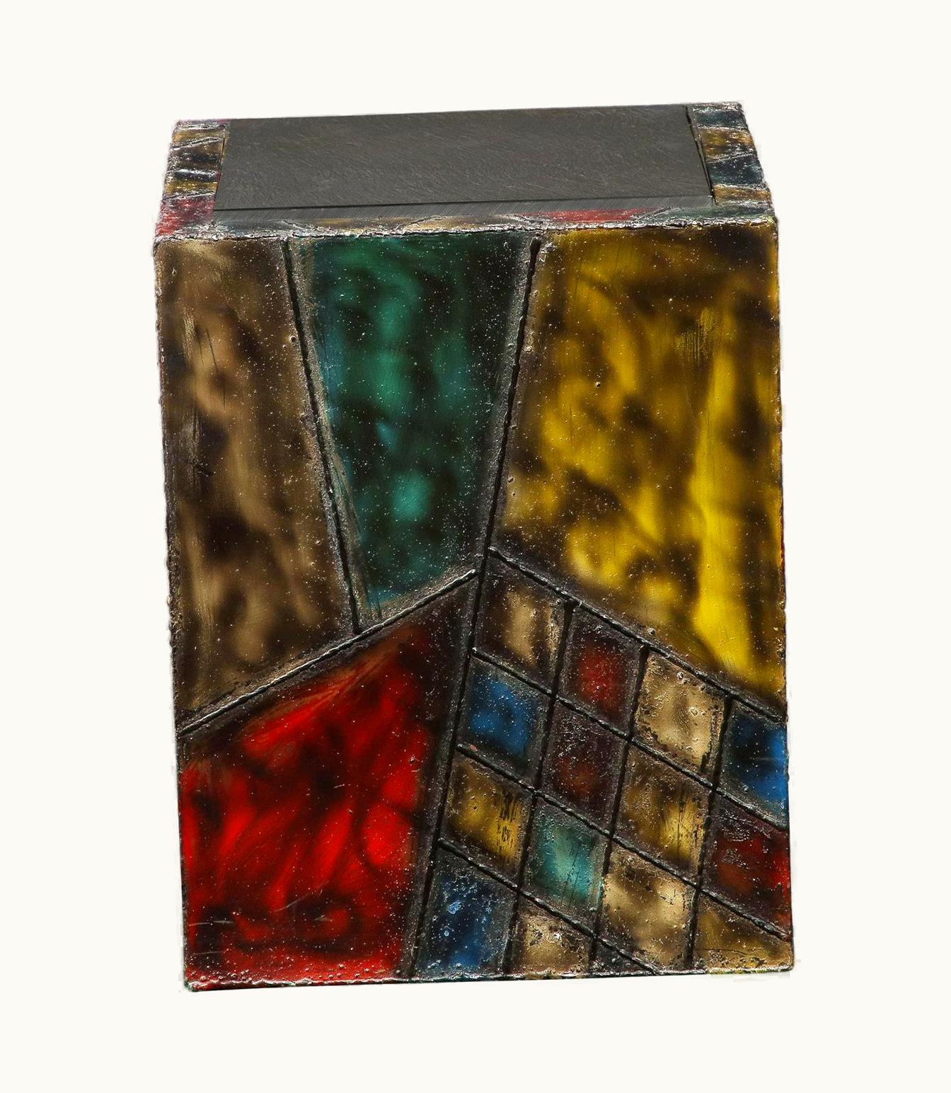 Paul Evans Paul Evans Hand-Welded Cube Table With Polychrome Enamels 1973 'Signed'