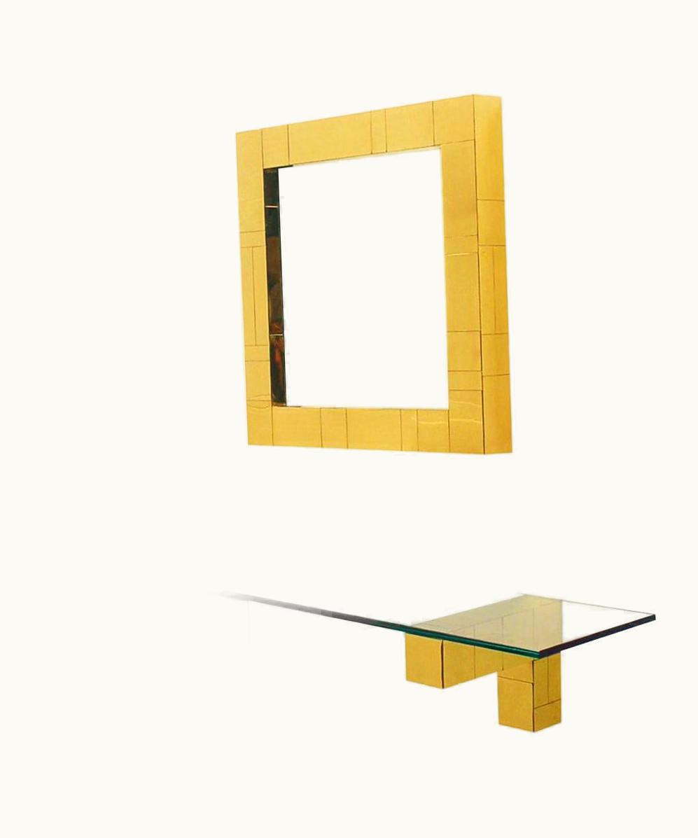 Paul Evans Mid Century Paul Evans Cityscape Wall Mirror & Console Table Shelf In Brass