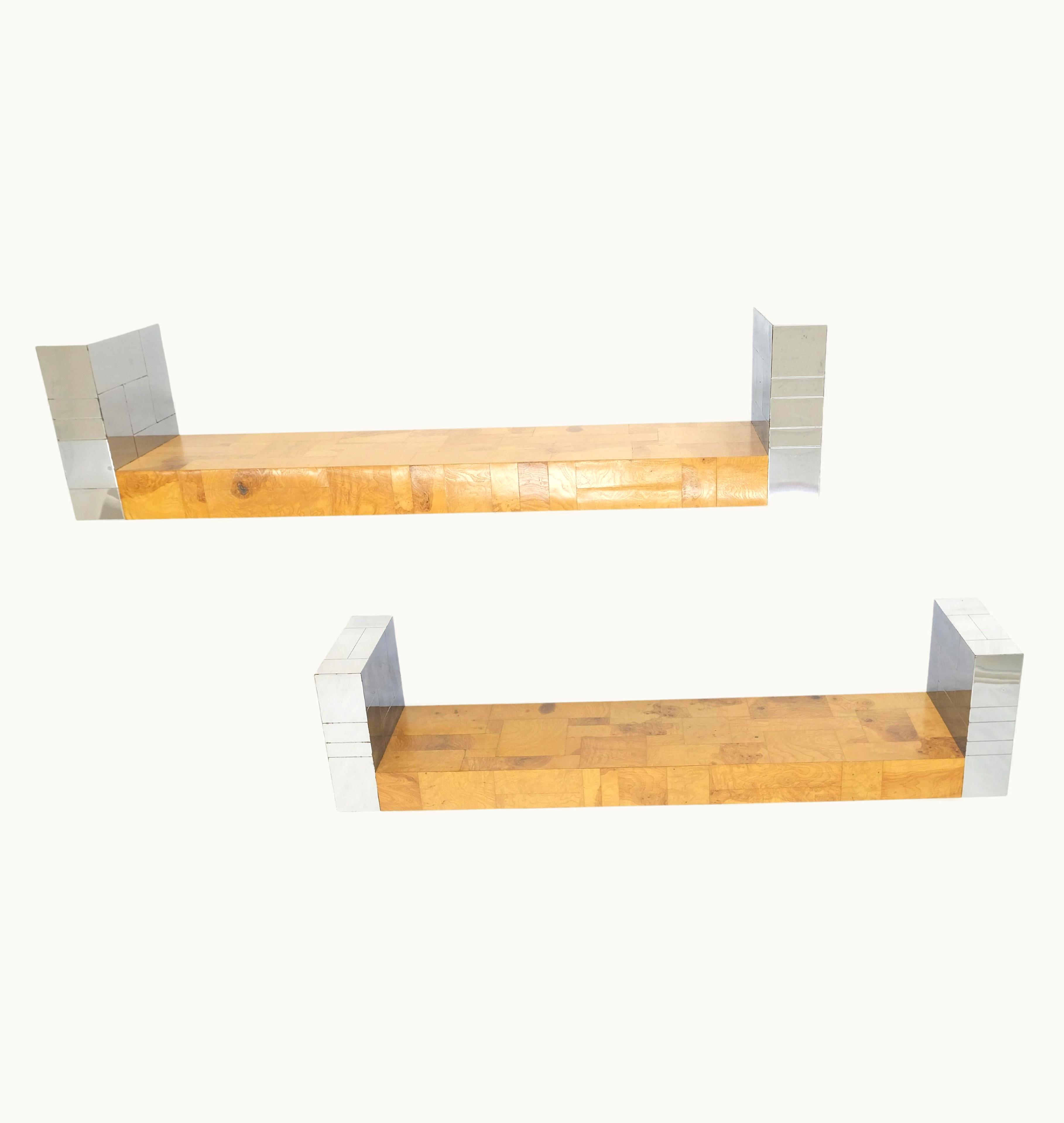 Paul Evans Paul Evans Pair Paul Evans Bracket Shape Burl Walnut Polished Chrome Hanging Shelves Mint