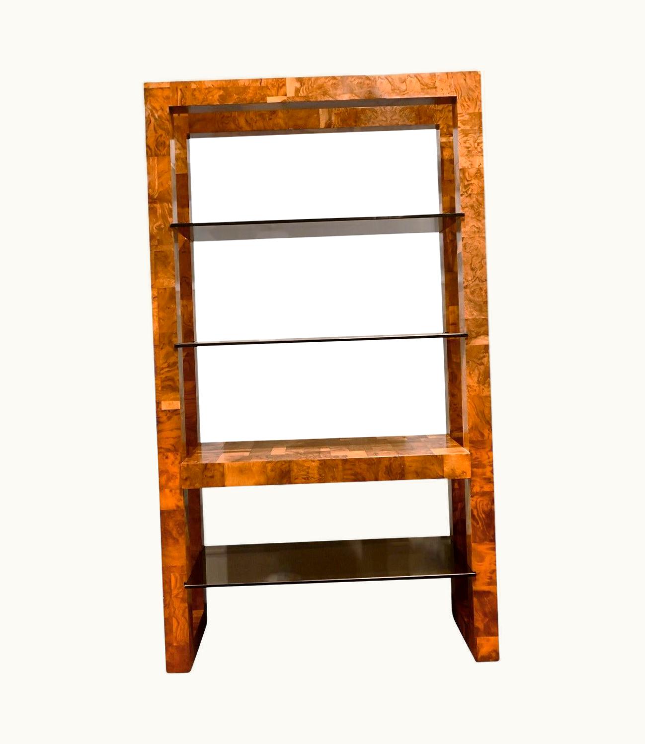 Paul Evans Paul Evans Large Etagere In Walnut Burl With Bronze Glass Shelves 1973