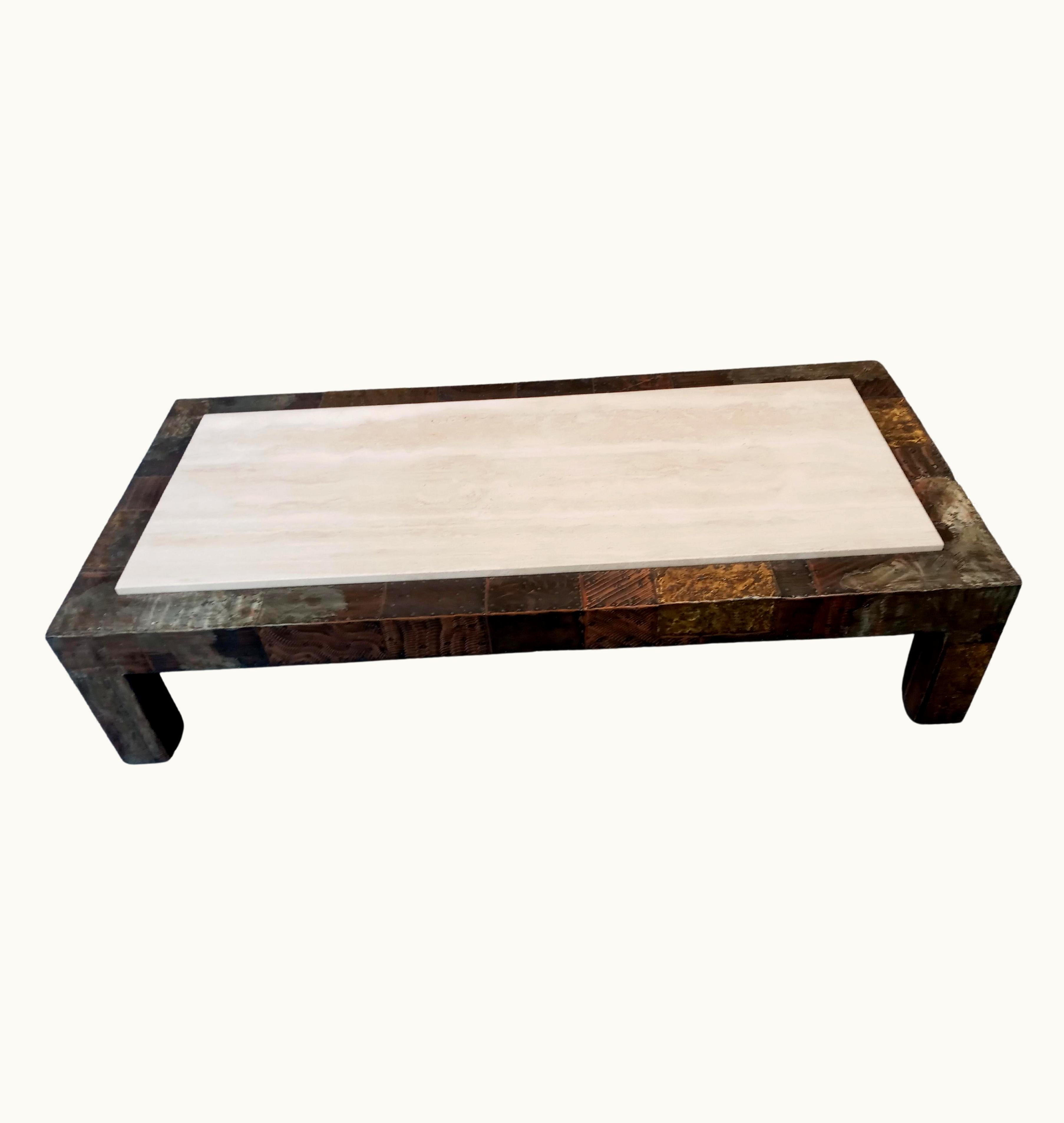 Paul Evans Paul Evans Large Brutalist Patchwork Coffee Table, Mixed Metals And Travertine