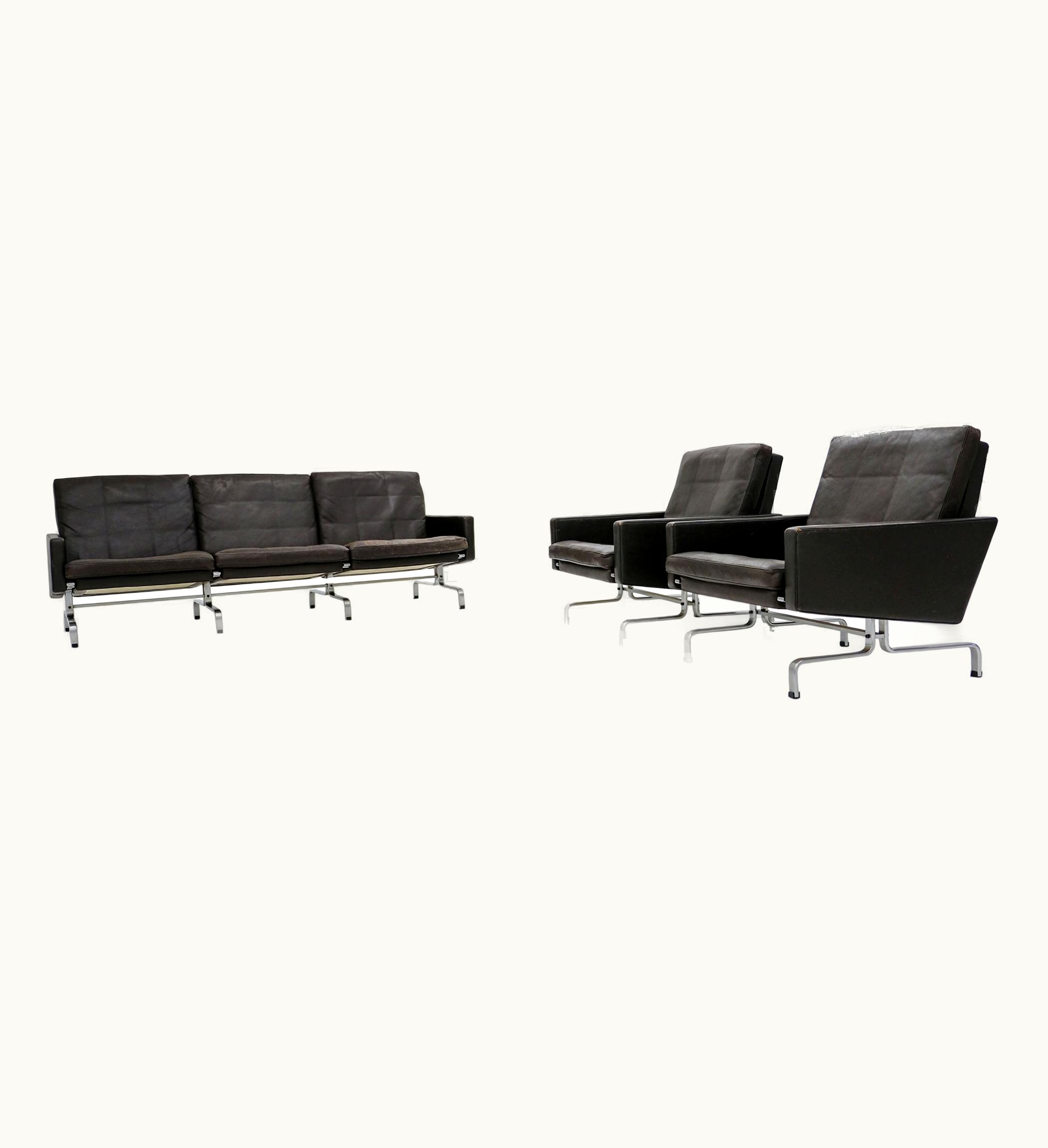 Poul Kjærholm Poul Kjærholm Pk 31/3 Sofa + 2 Pk 31 Easy Chairs By Poul Kjaerholm, Dark Brown Leather