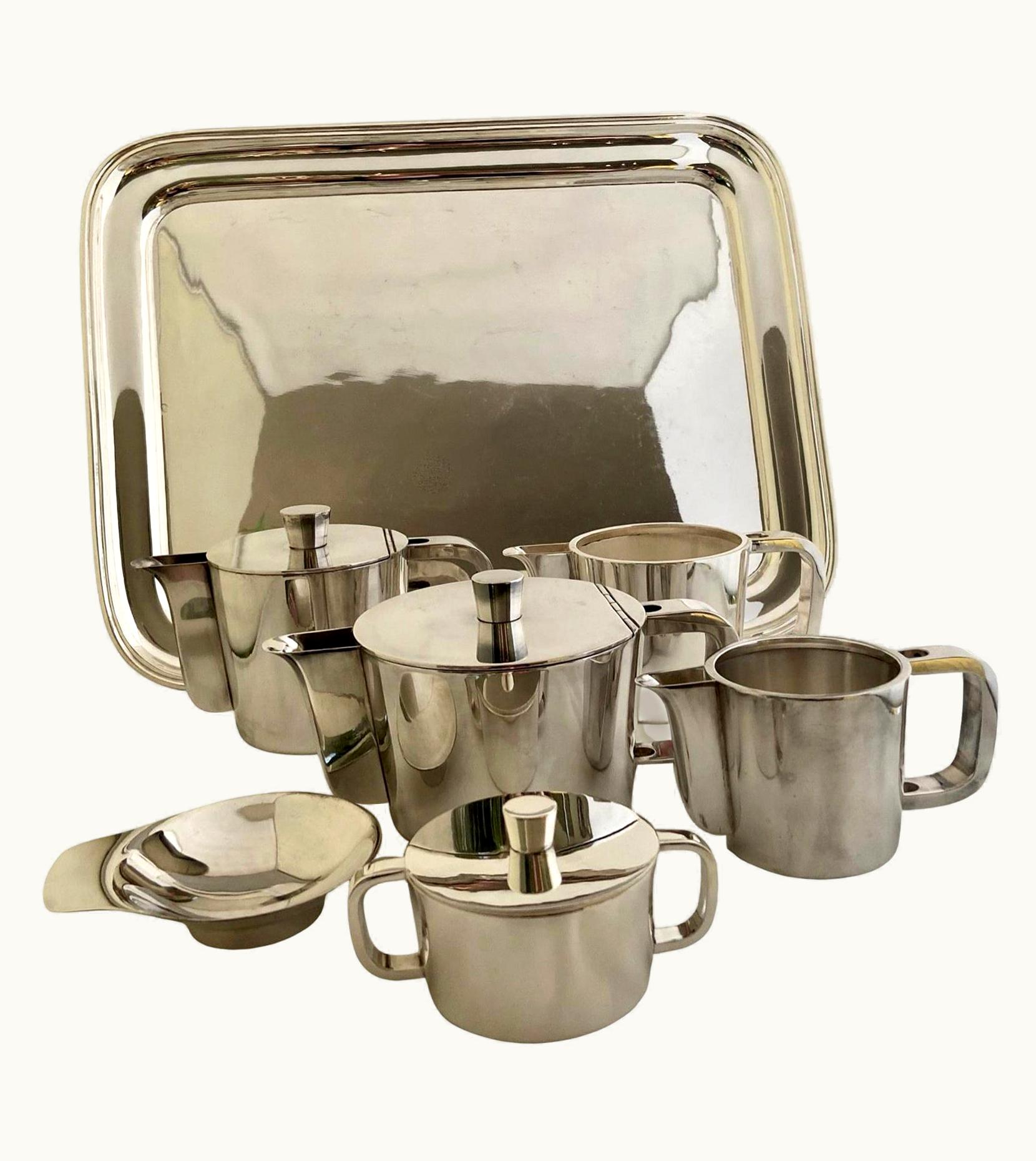 Gio Ponti Gio Ponti Midcentury Gio Ponti Silvered Coffee And Tea Set On A Rectangular Tray, A. Krupp