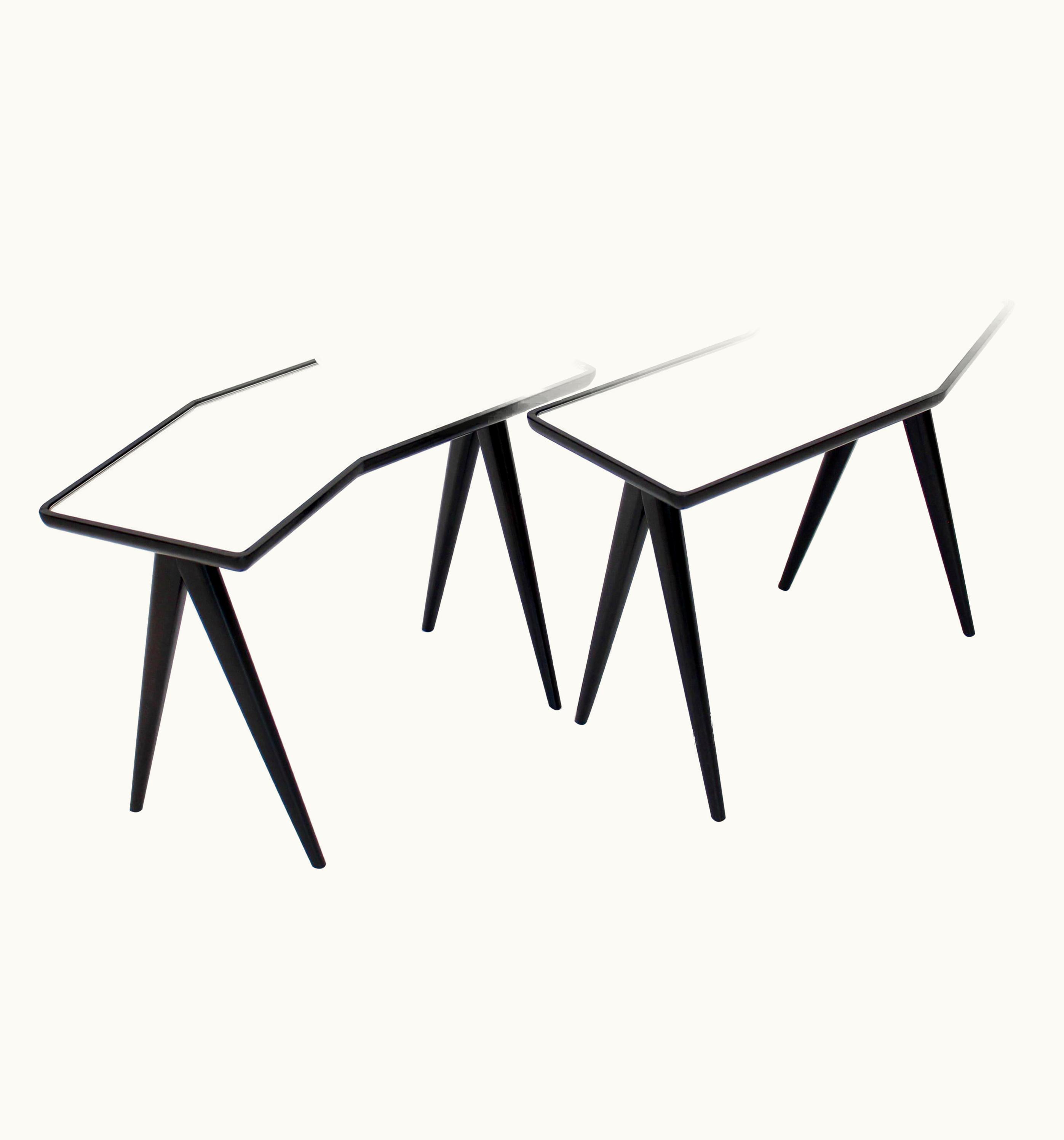Gio Ponti;Pietro Chiesa Gio Ponti;Pietro Chiesa Gio Ponti Pair Of Black Side Tables Mirrored Glass Tops Asymmetrical Forms