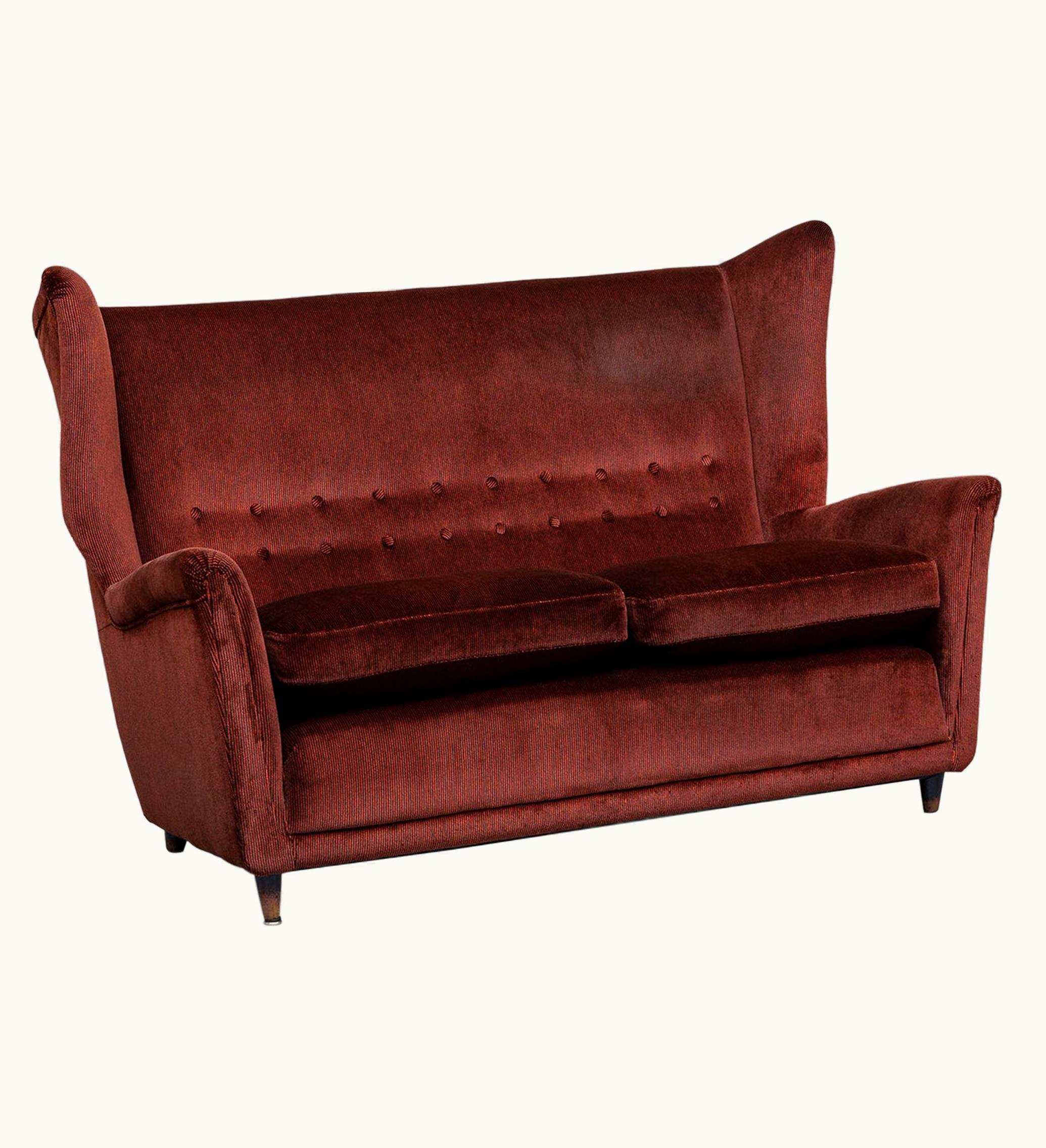 Gio Ponti;Melchiorre Bega Gio Ponti;Melchiorre Bega Italian Two-Seat Sofa In Red Corduroy Velvet By Grand Hotel Duomo Milano, 1950