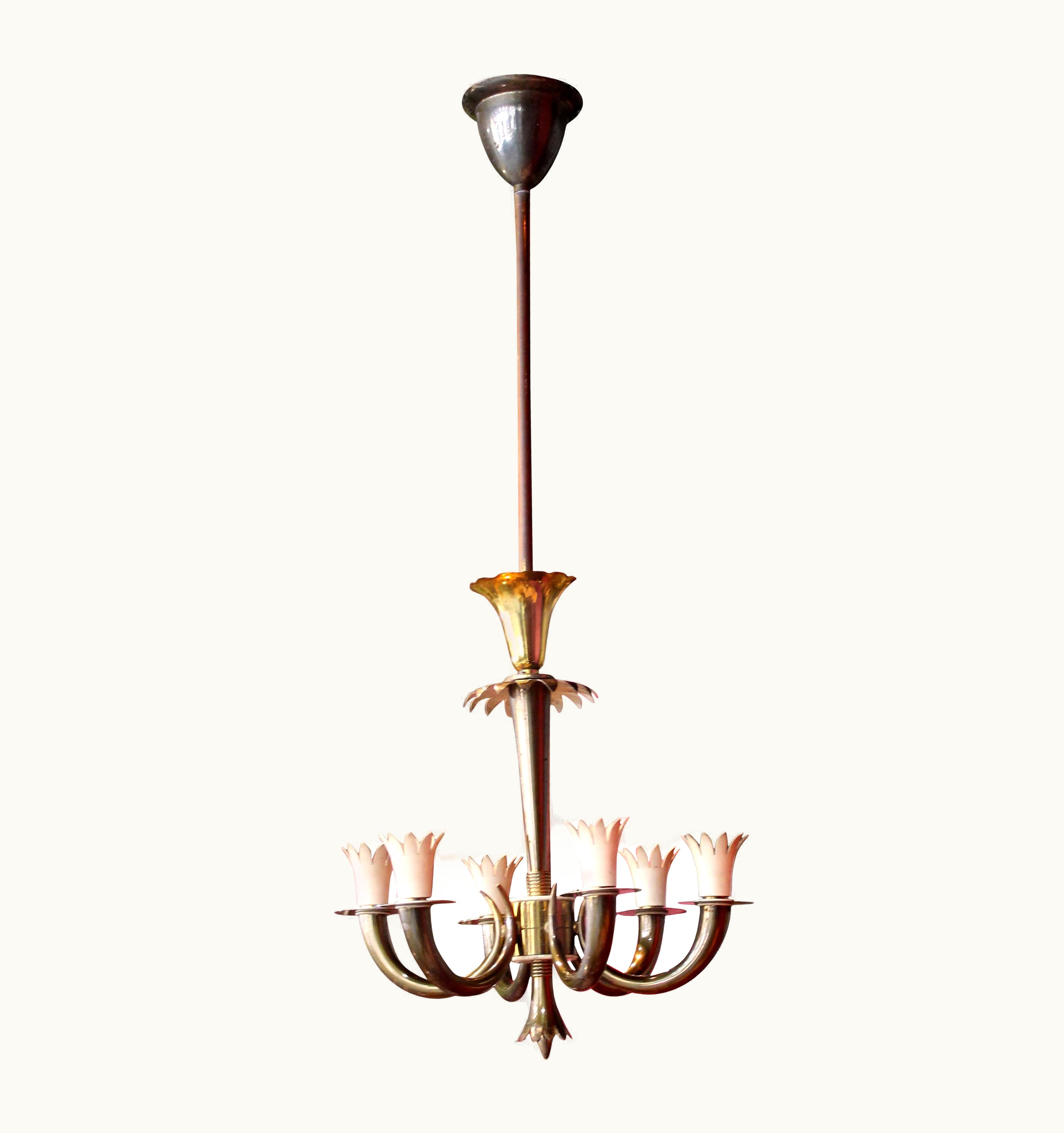 Gio Ponti;Emilio Lancia Gio Ponti;Emilio Lancia Gio Ponti, Emilio Lancia Art Deco Italian Design Brass Six-Lights Chandelier