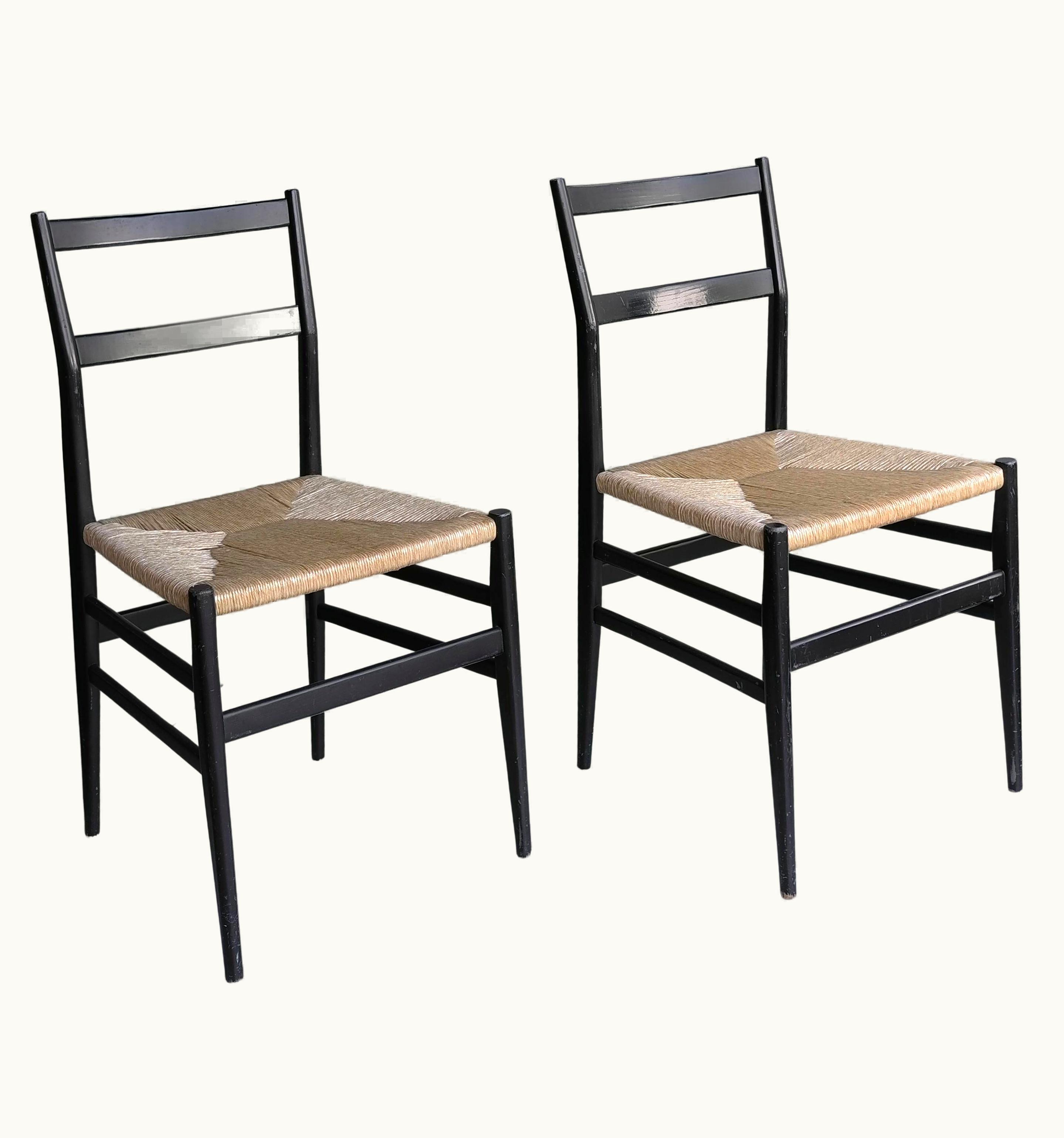 Gio Ponti Gio Ponti Pair Of Black Gio Ponti Leggera Chairs With Cord Seat, Italy, 1951