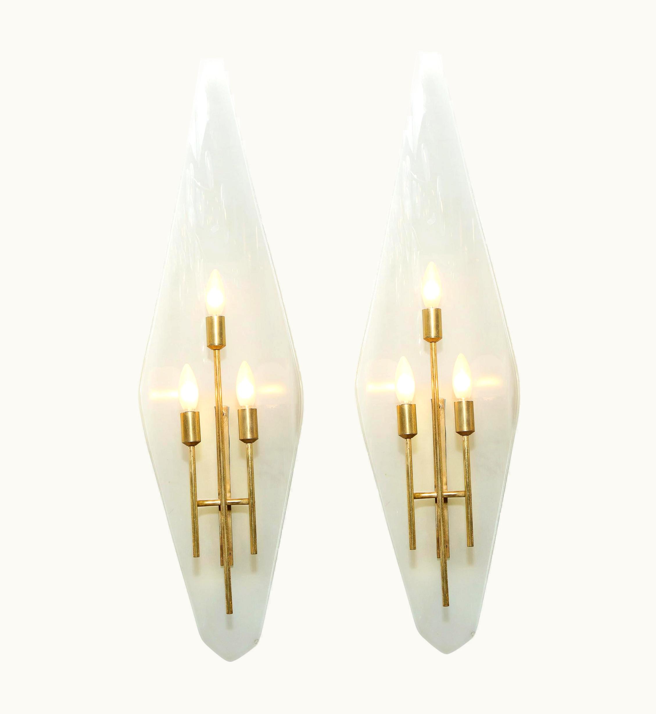 Gio Ponti Gio Ponti Pair Of Mid-Century Modern Diamond Glass Sconces W/ Brass Fittings By Gio Ponti