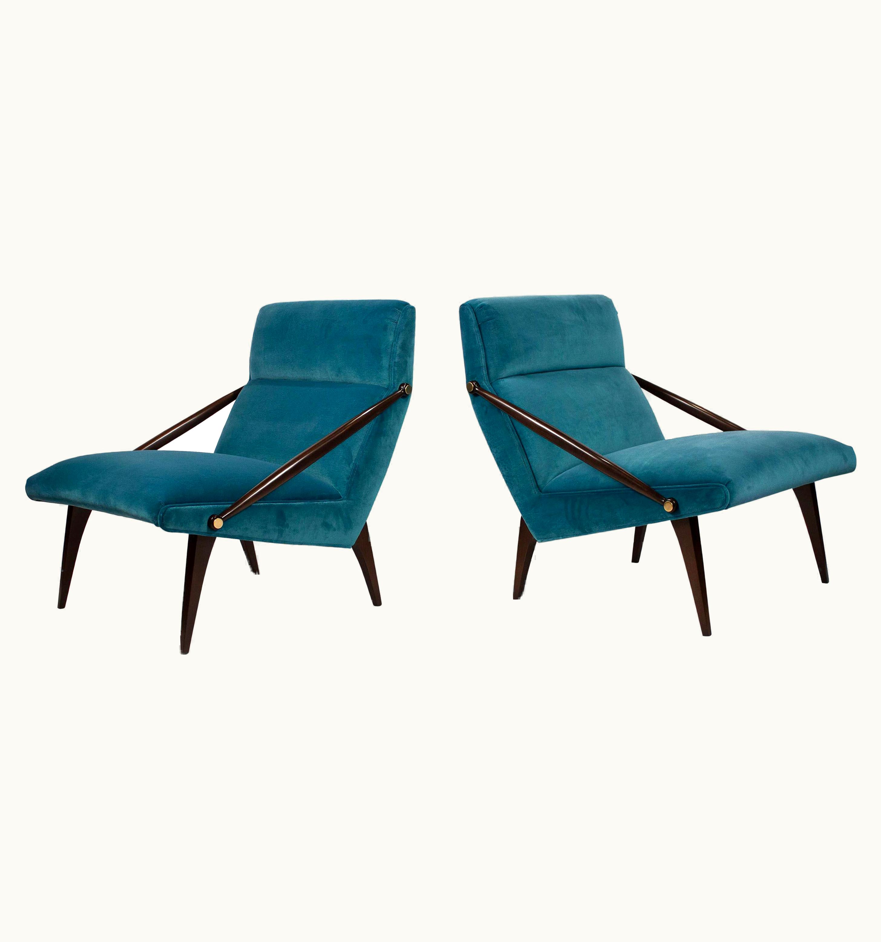 Gio Ponti Gio Ponti Velvet Lounge Chairs In Walnut & Brass For M. Singer And Sons, 1950s