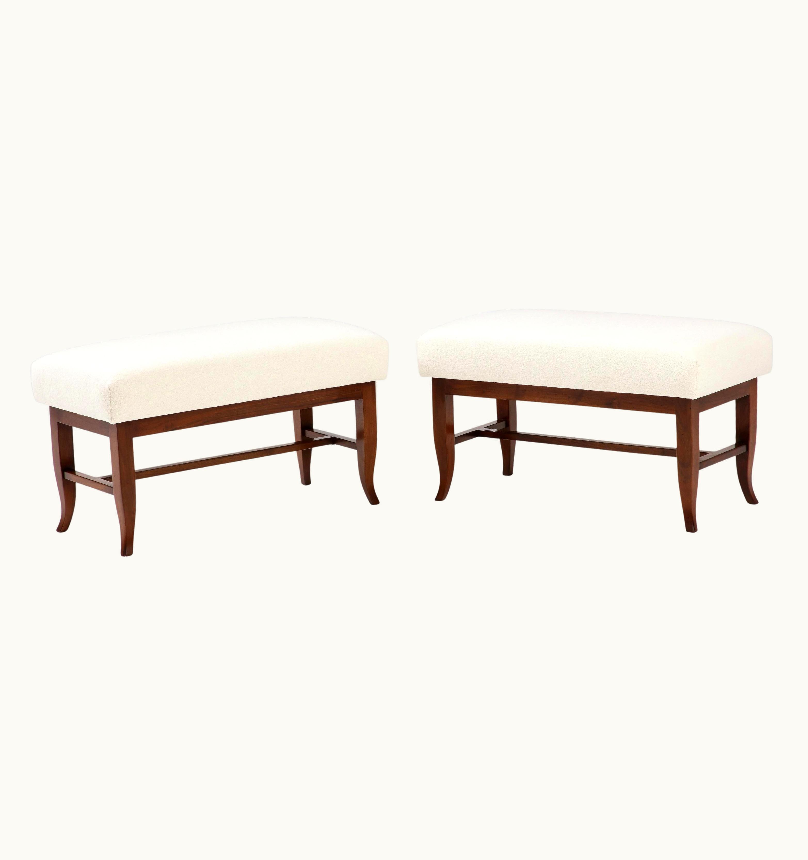 Gio Ponti Gio Ponti Rare Pair Of Benches In Walnut And Ivory Bouclé, Italy, 1930s
