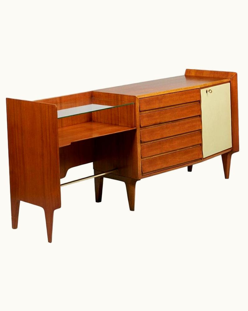 Gio Ponti Gio Ponti Exceptional Asymmetric Cabinet In Mahogany, Glass, Skai, Italy 1950s