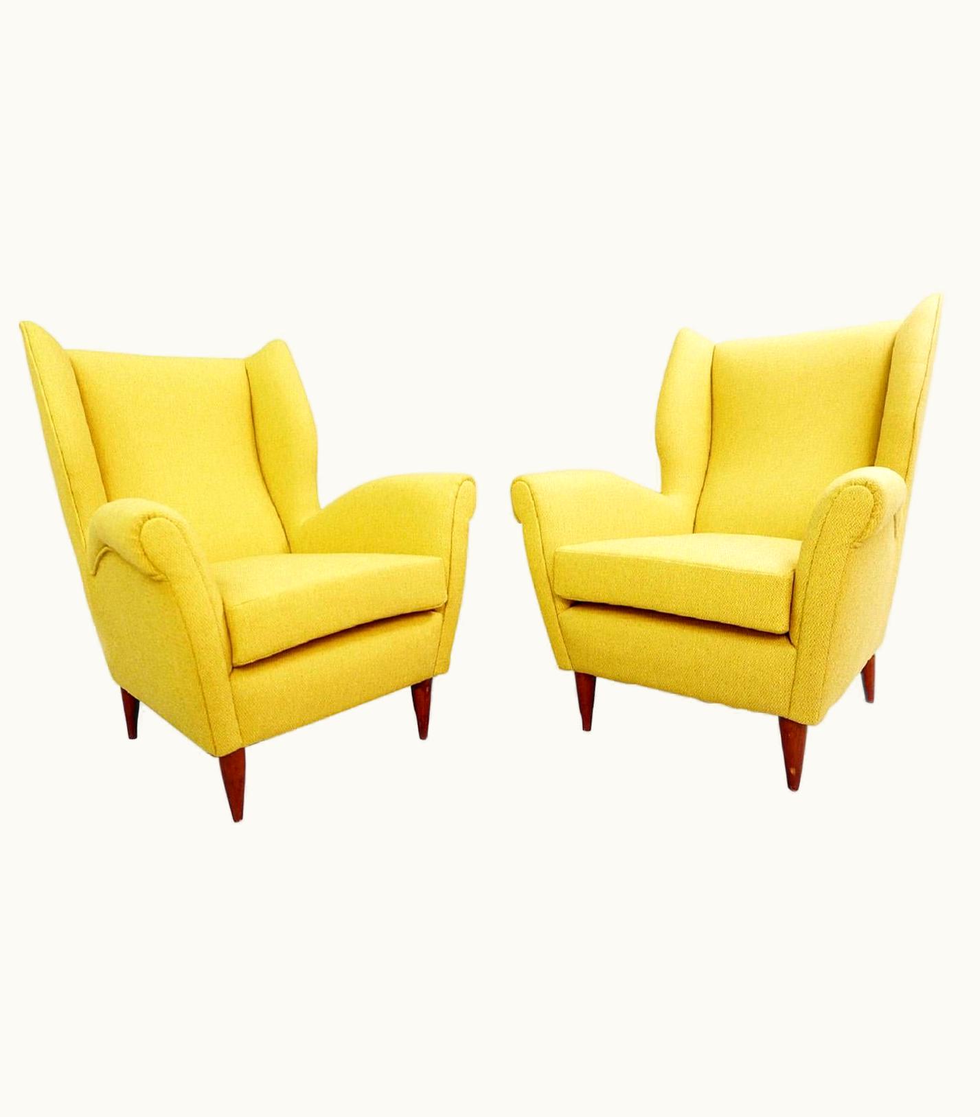 Gio Ponti Gio Ponti Pair Of High Back Armchairs By Gio Ponti, 1950s, New Curry Yellow Upholstery