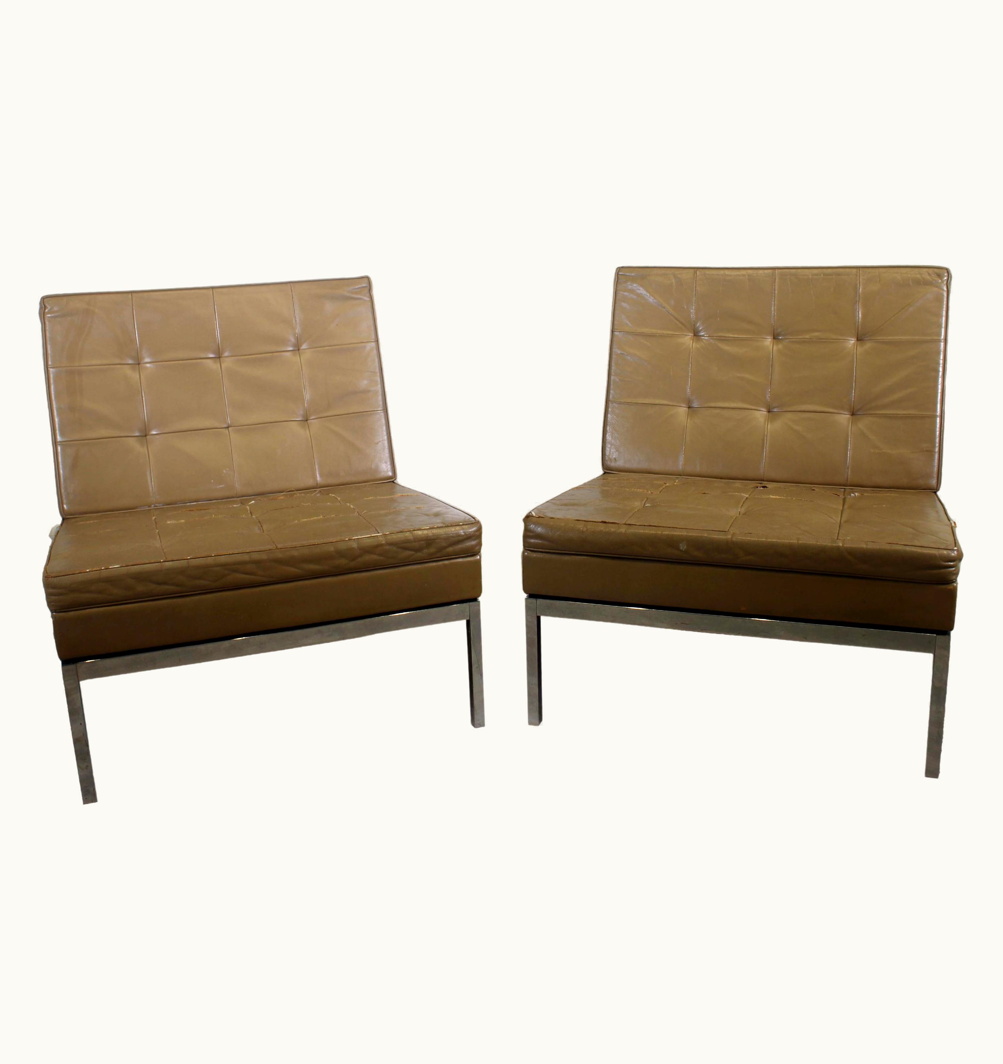 Florence Knoll Florence Knoll Pair Of Parallel Bar Slipper Chairs With Taupe Tufted Leather