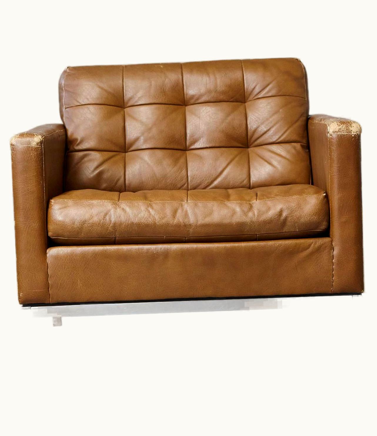 Florence Knoll Florence Knoll Tan Leather Button Tufted Lounge Chair, 1970s