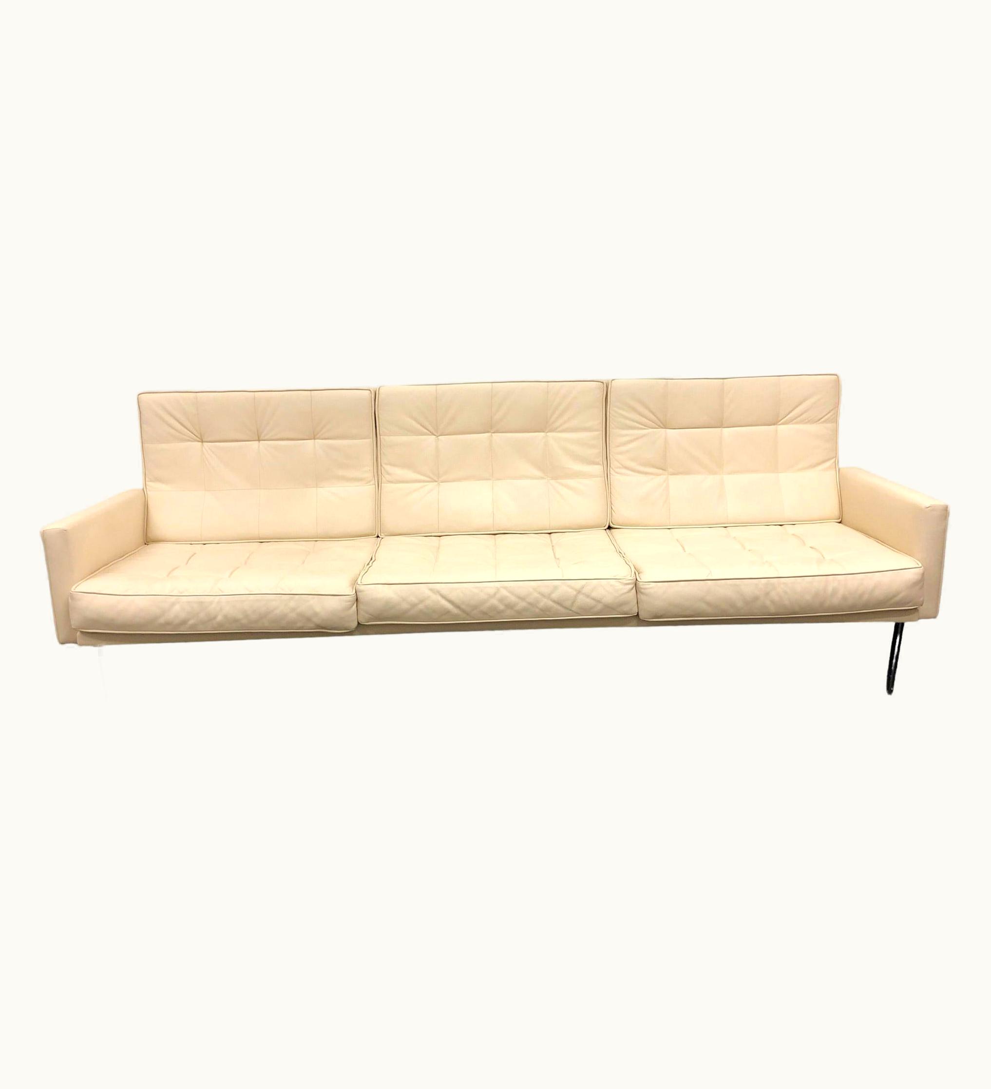 Florence Knoll Florence Knoll Off White Leather And Stainless Steel Parallel Bar Sofa By Florence Knoll