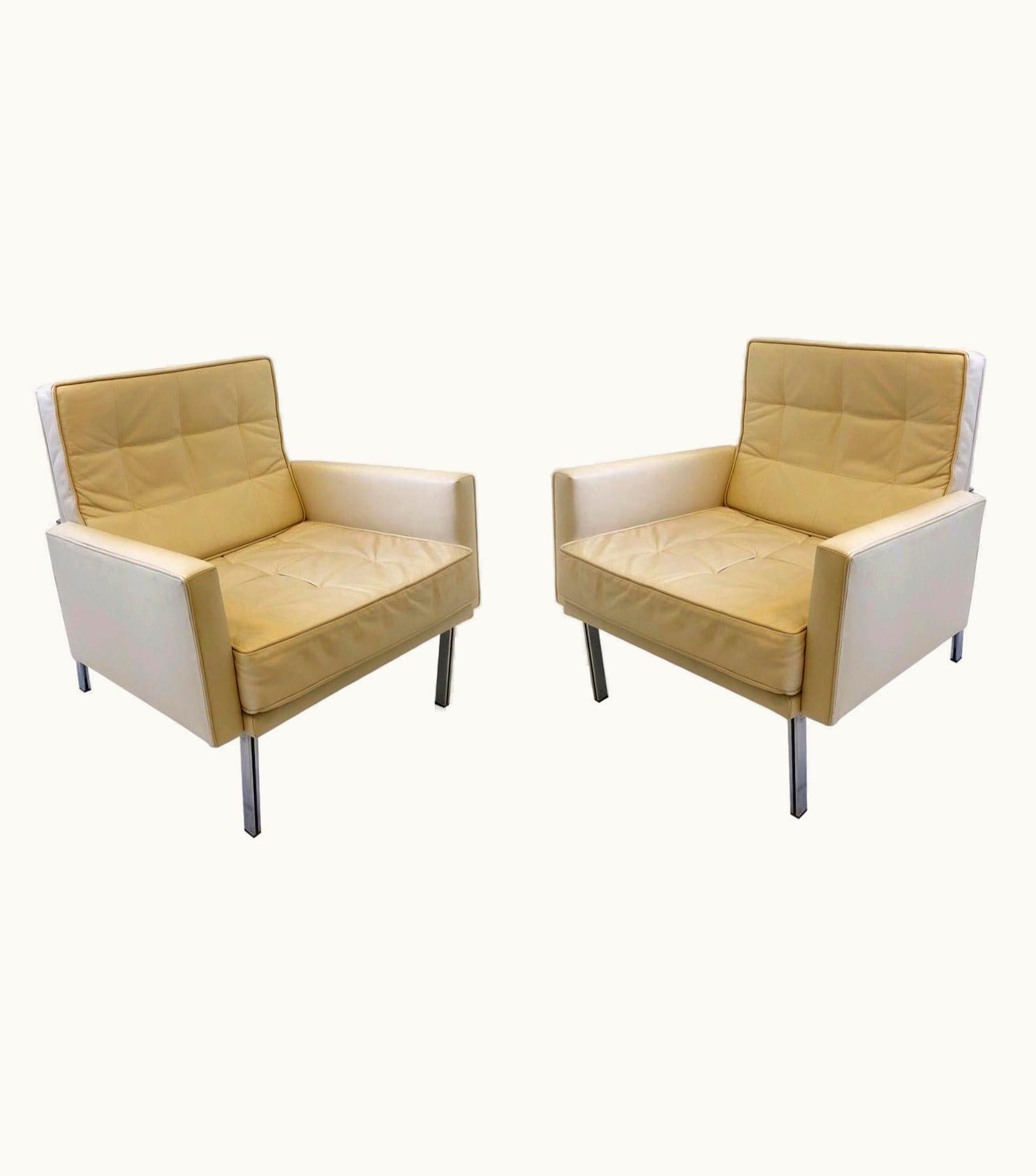 Florence Knoll Florence Knoll Pair Of Off White Leather And Stainless Steel Lounge Chairs By Florence Knoll