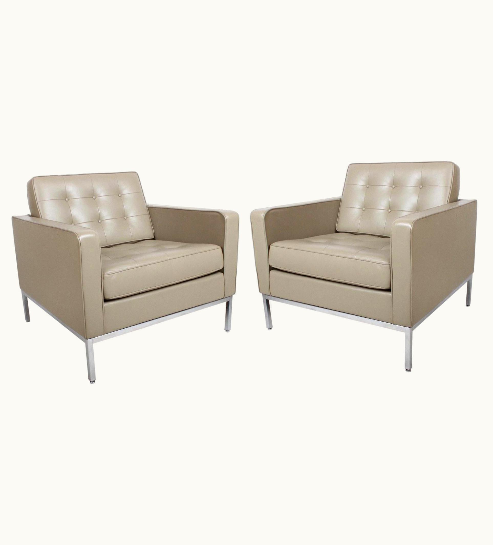 Florence Knoll Florence Knoll Pair Of Classic Florence Knoll For Knoll Studio Tufted Tan Leather Lounge Chairs