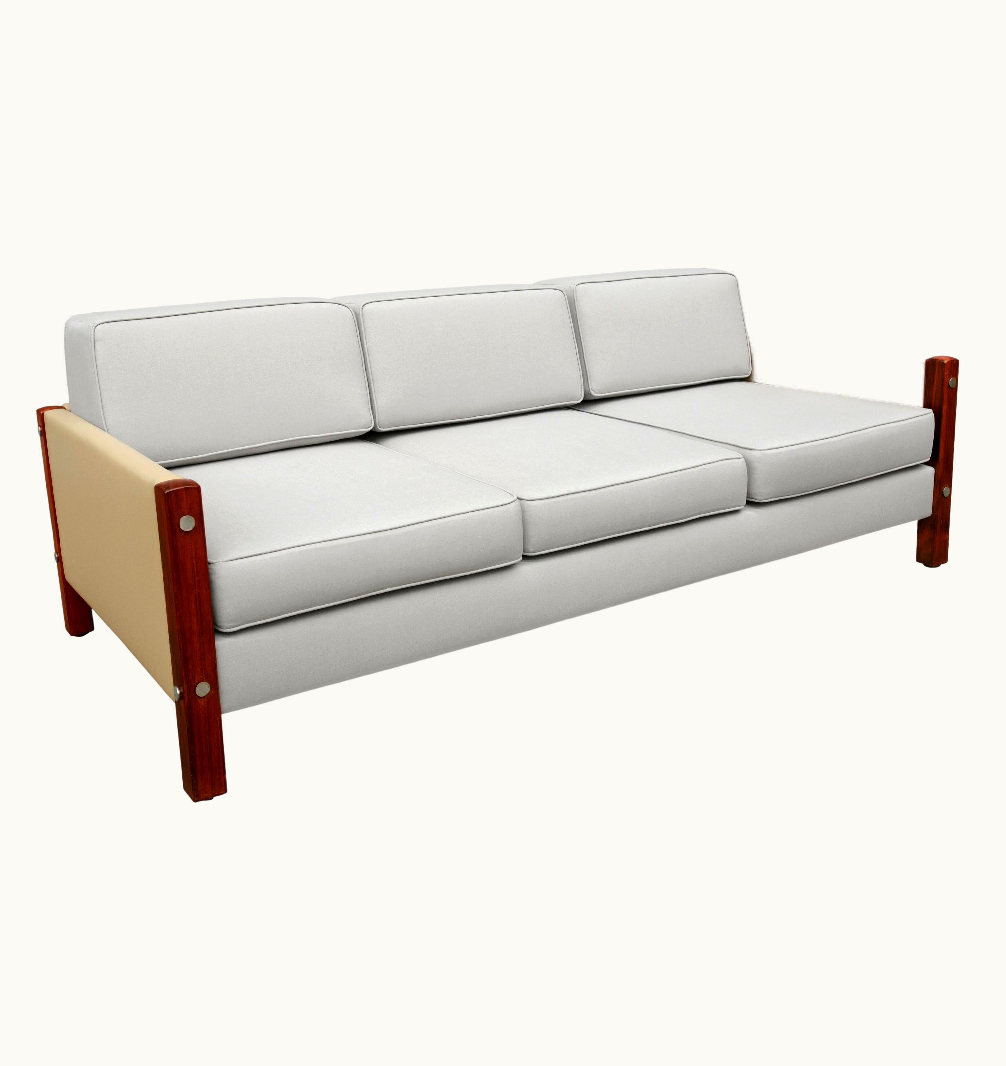 Sergio Rodrigues Sergio Rodrigues Brazilian Modern Sofa In Beige Leather & Grey Fabric By Sergio Rodrigues, Brazil