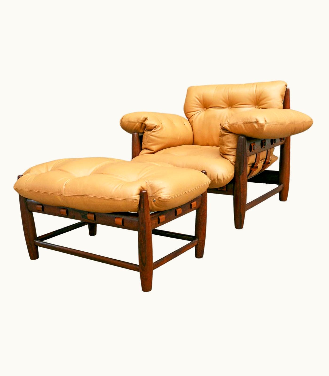 Sergio Rodrigues Sergio Rodrigues Brazilian Modern Mole Armchair & Stool Hardwood & Leather Sergio Rodrigues 1957