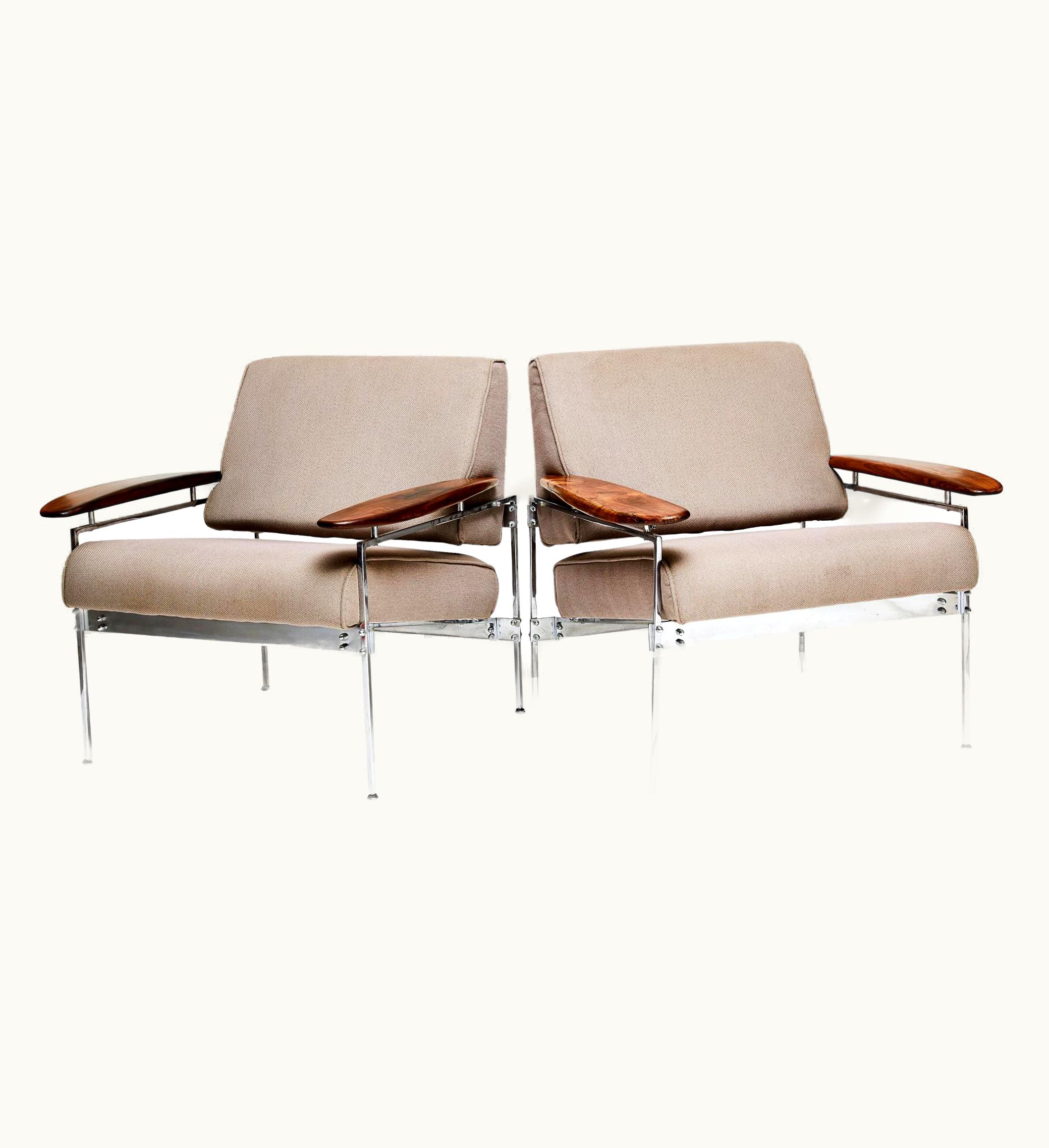 Sergio Rodrigues Sergio Rodrigues Brazilian Modern Armchairs In Chrome, Hardwood & Beige Fabric. Sergio Rodrigues