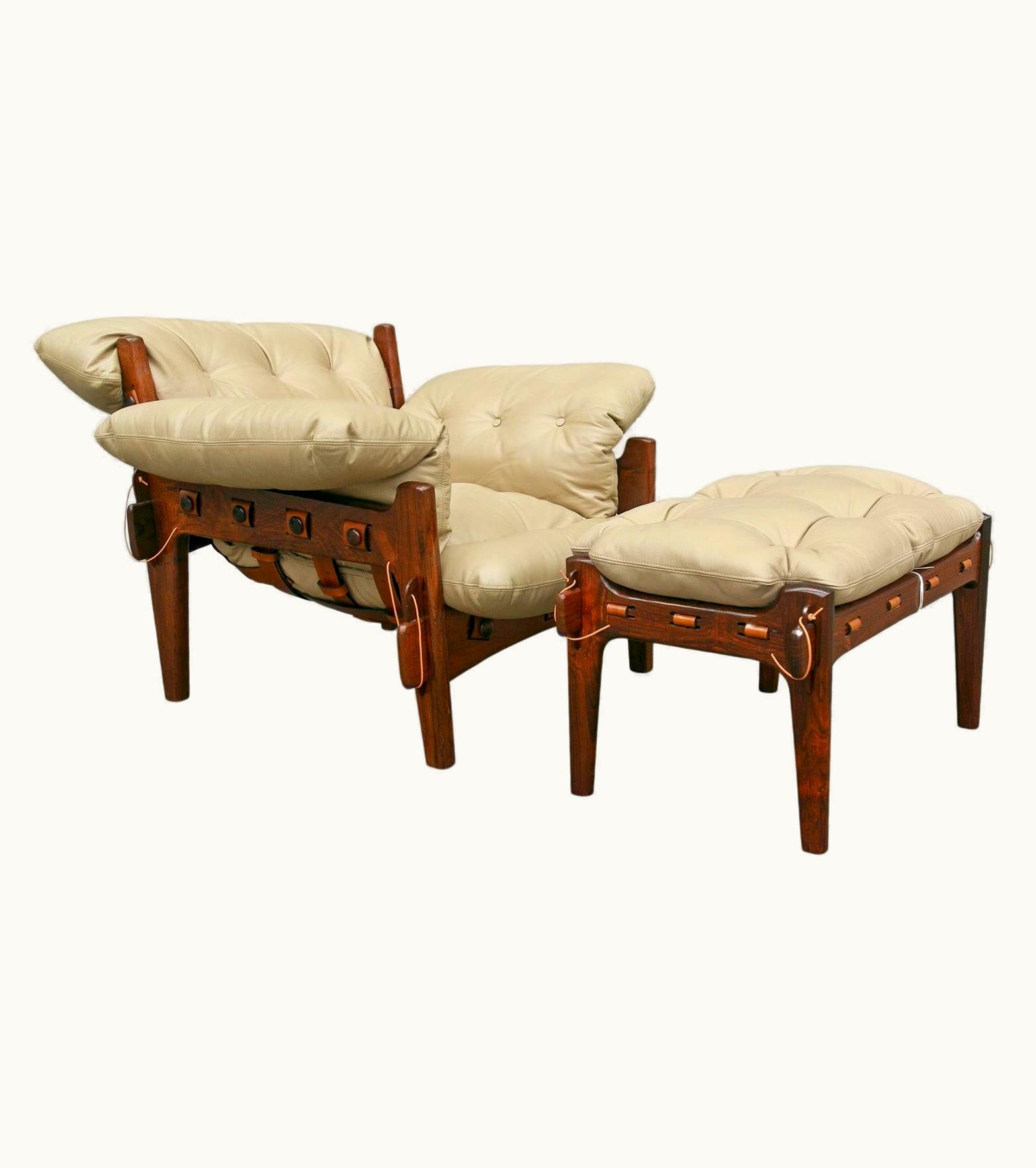 Sergio Rodrigues "Moleca" Lounge Chair With Stool In Hardwood & Leather, Sergio Rodrigues, Brazil