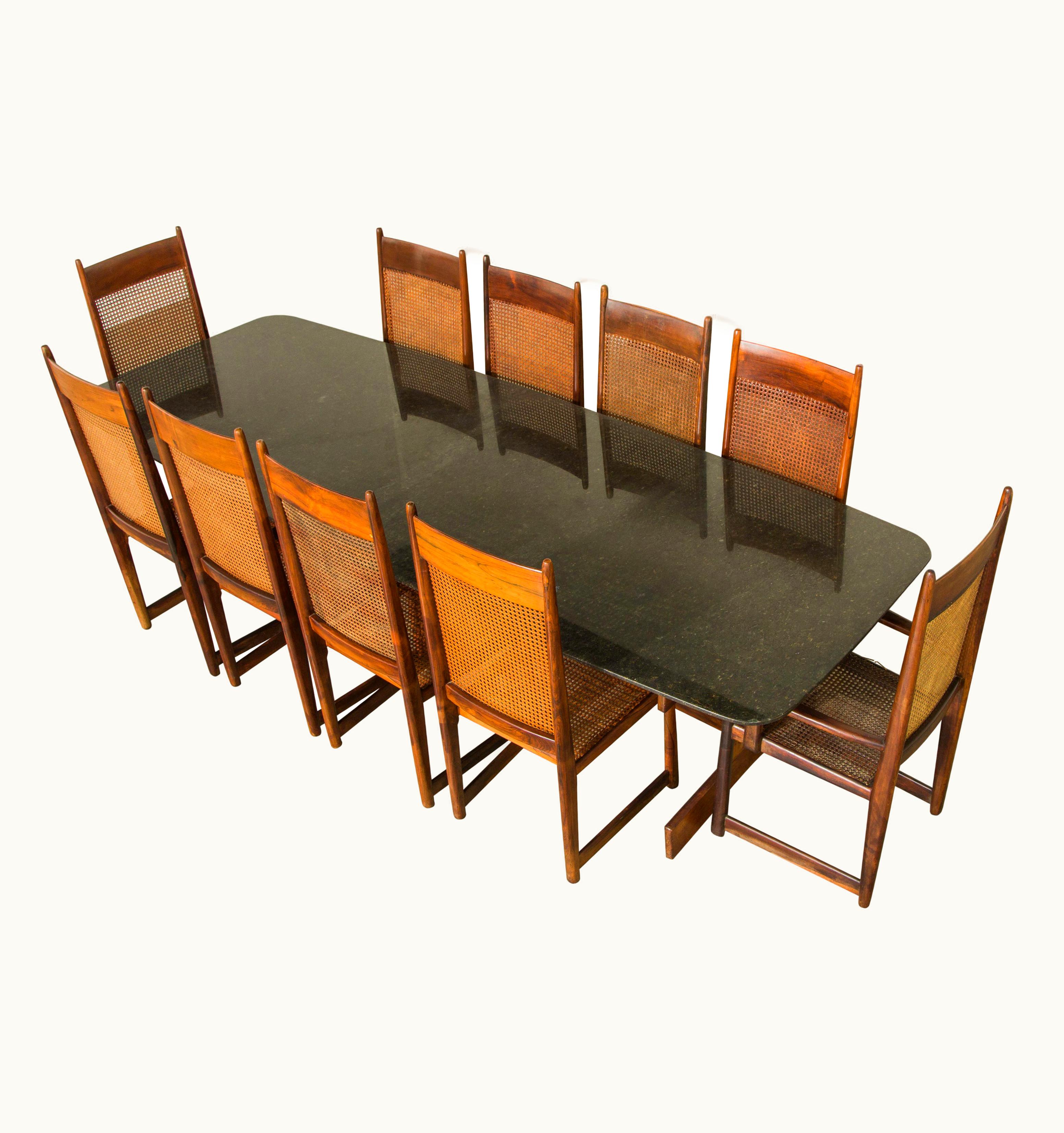 Sergio Rodrigues;Bernardo Figueiredo Sergio Rodrigues;Bernardo Figueiredo Sergio Rodrigues Jacaranda & Granite Dining Table With Ten Dining Chairs, 1960s