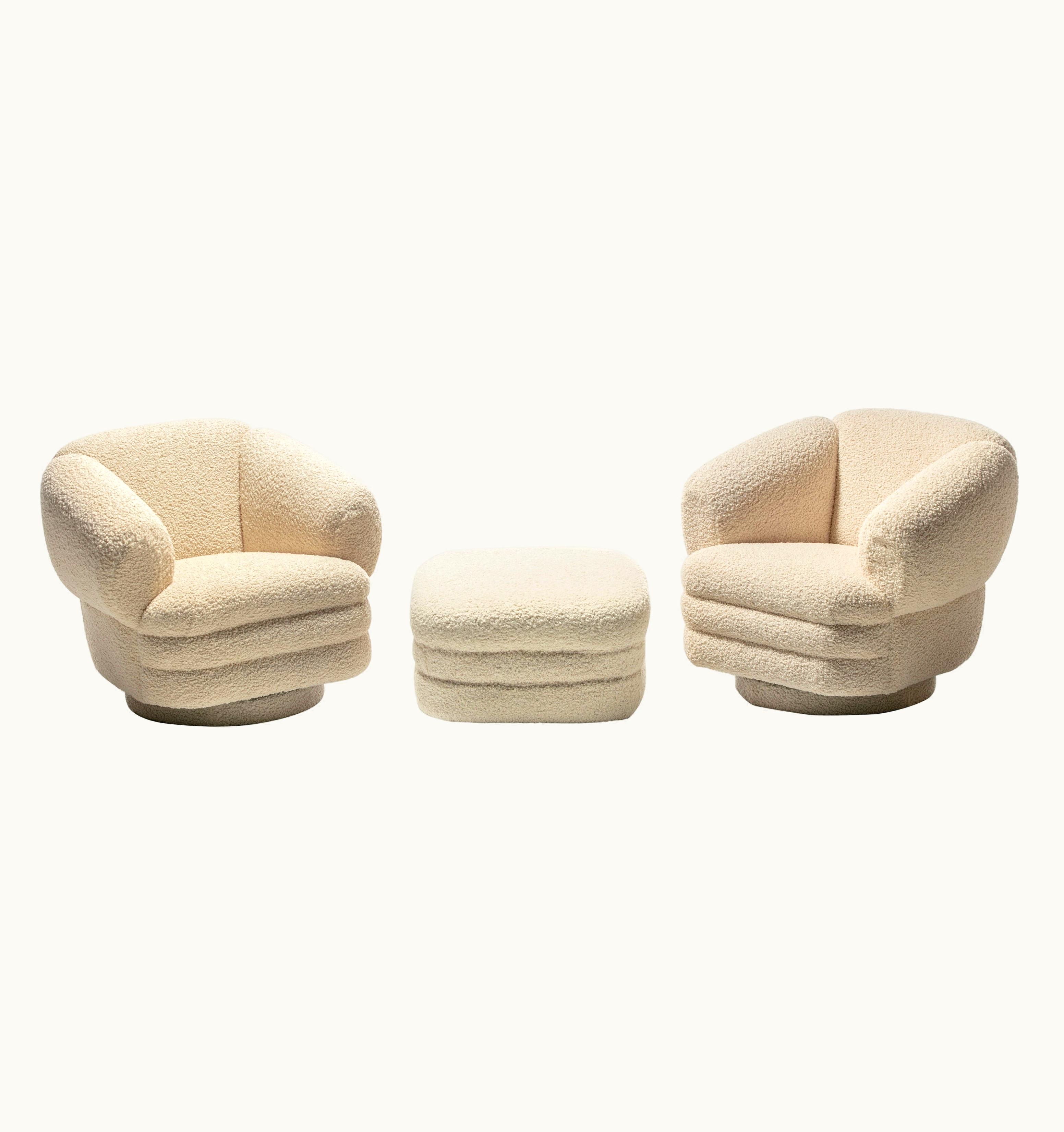 Vladimir Kagan Vladimir Kagan Post Modern Ivory Bouclé Swivel Chairs & Ottoman For Directional