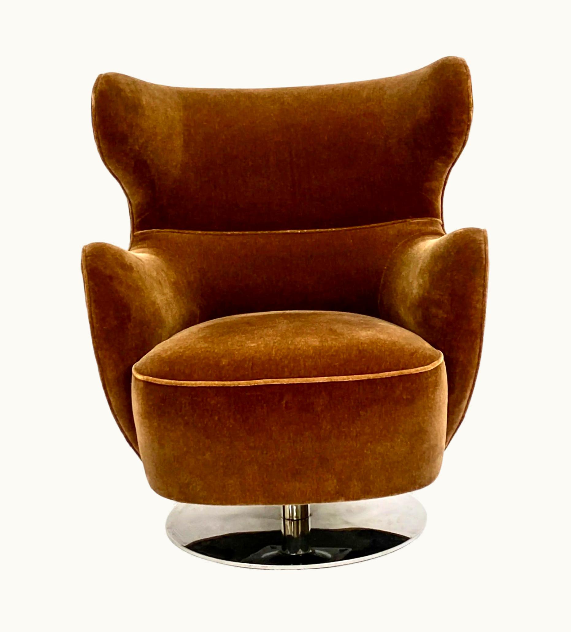 Vladimir Kagan Mohair Wing Chair 100c-S, Polished Nickel Swivel Base, Holly Hunt