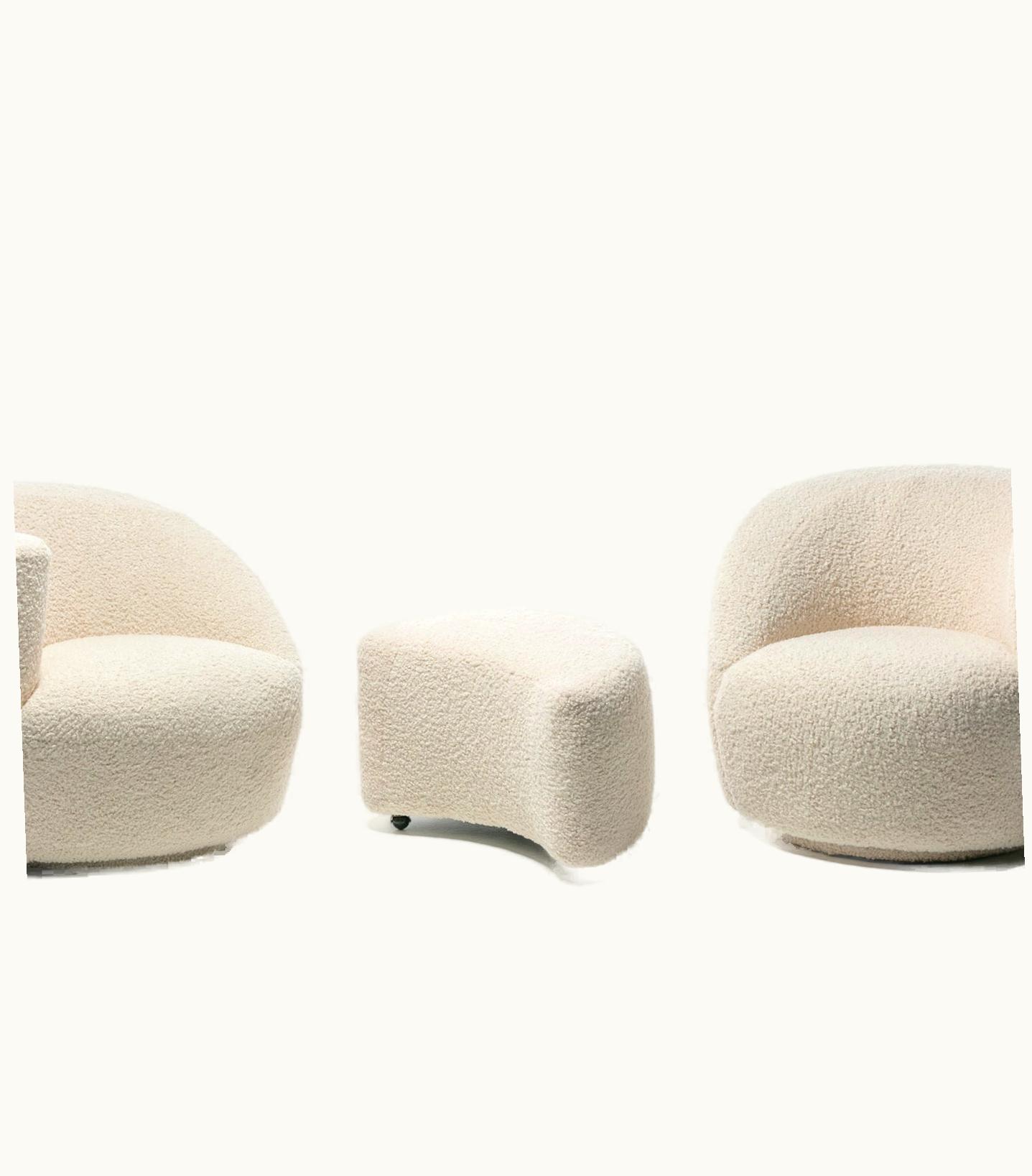 Vladimir Kagan Pair Of Vladimir Kagan Nautilus Swivel Lounge Chairs And Ottoman In Ivory Bouclé UZ0197142