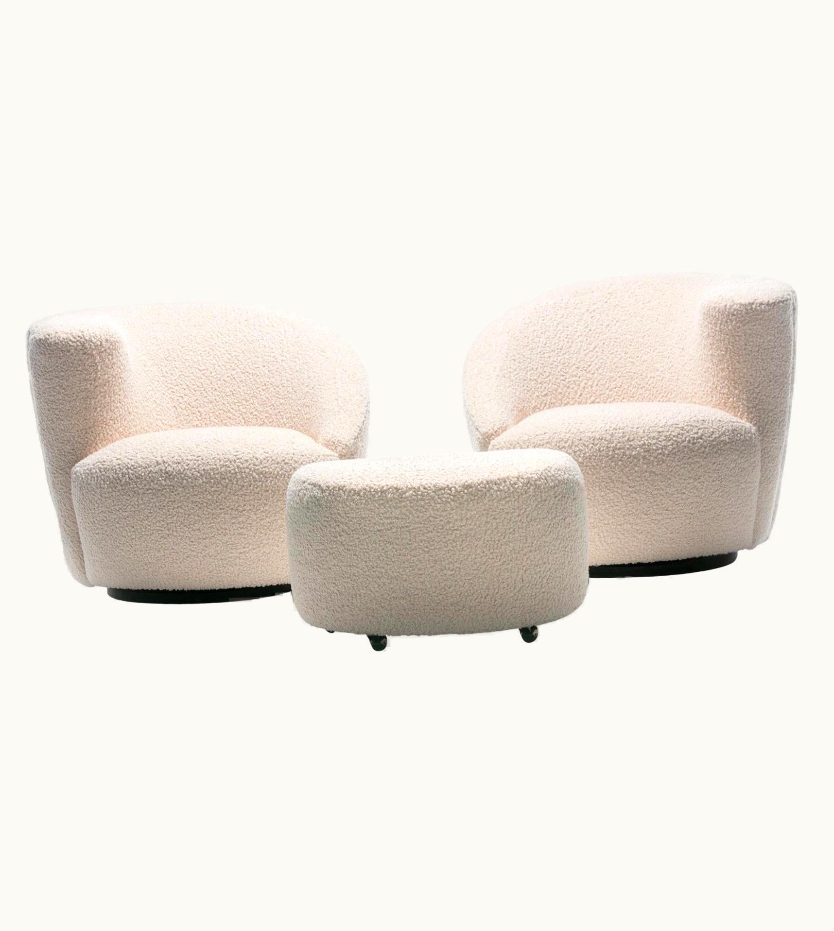Vladimir Kagan Pair Of Vladimir Kagan Nautilus Swivel Lounge Chairs And Ottoman In Ivory Bouclé UZ0197154