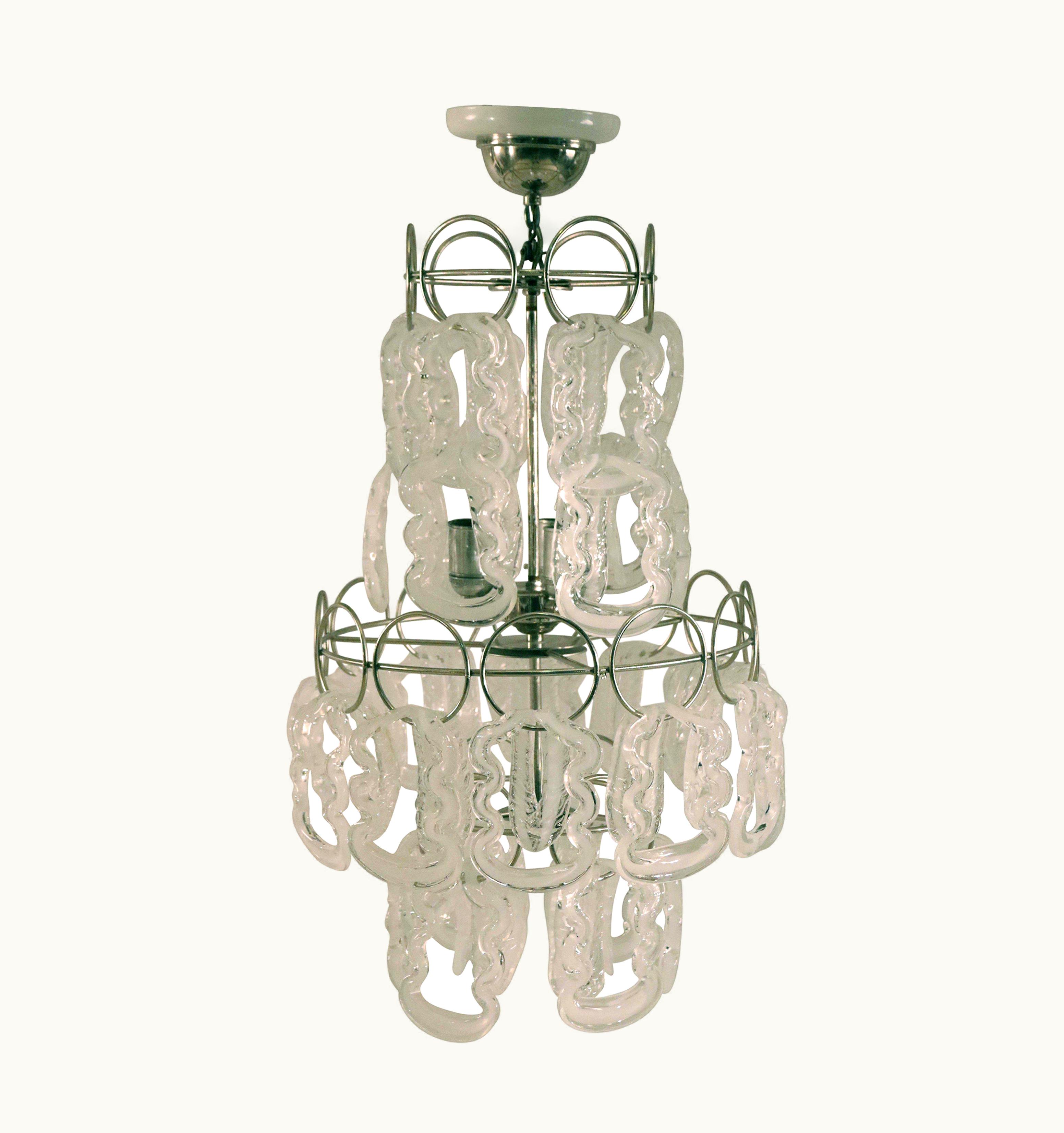 Angelo Mangiarotti Angelo Mangiarotti Mid-Century Tiered Glass And Metal Chandelier