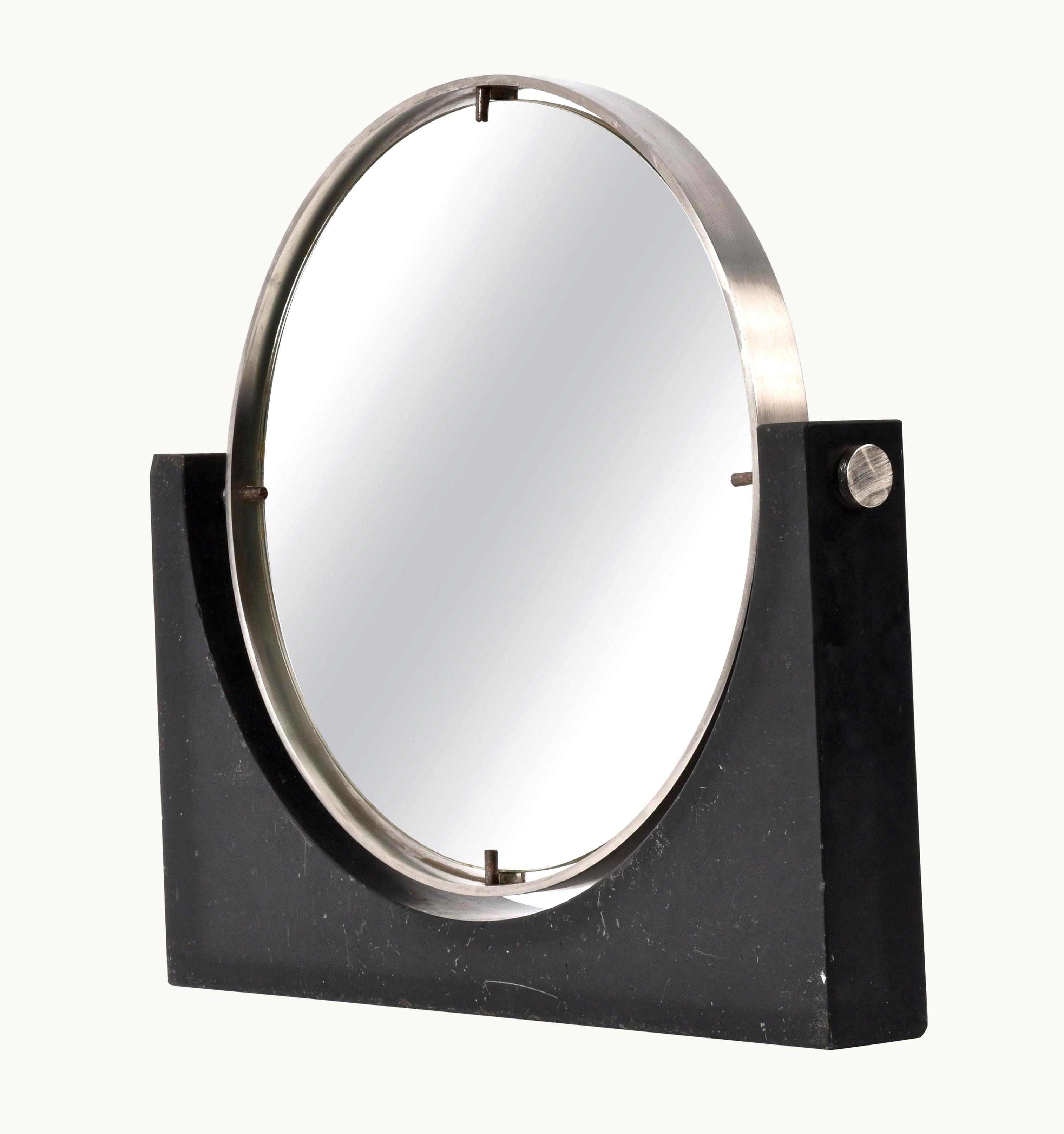 Angelo Mangiarotti Angelo Mangiarotti Midcentury Marble And Steel Round Vanity Table Mirror, 1960s