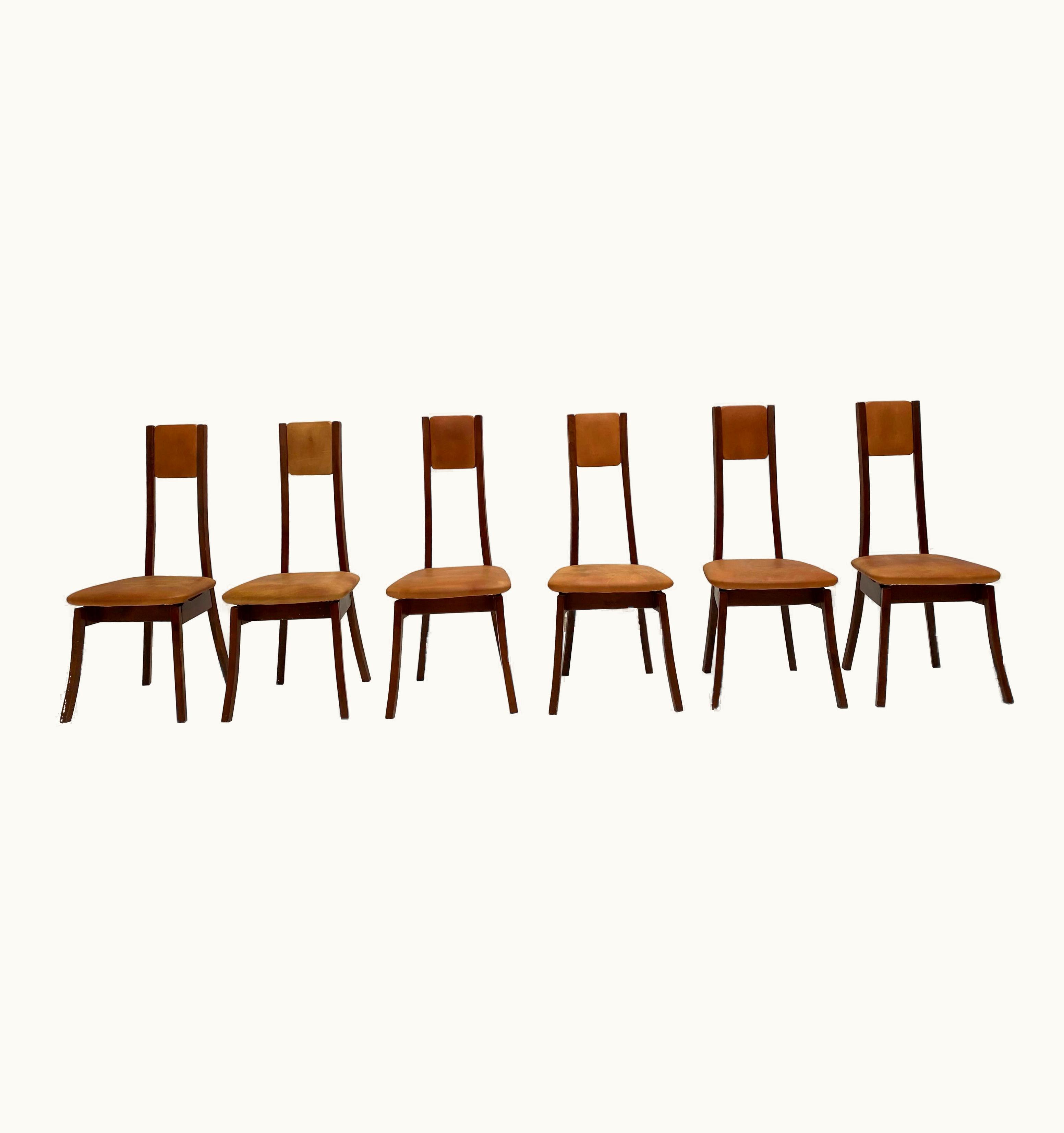 Angelo Mangiarotti Angelo Mangiarotti Six Walnut & Leather Mangiarotti 'S11' Dining Chairs, Sorgente Dei Mobili 1972