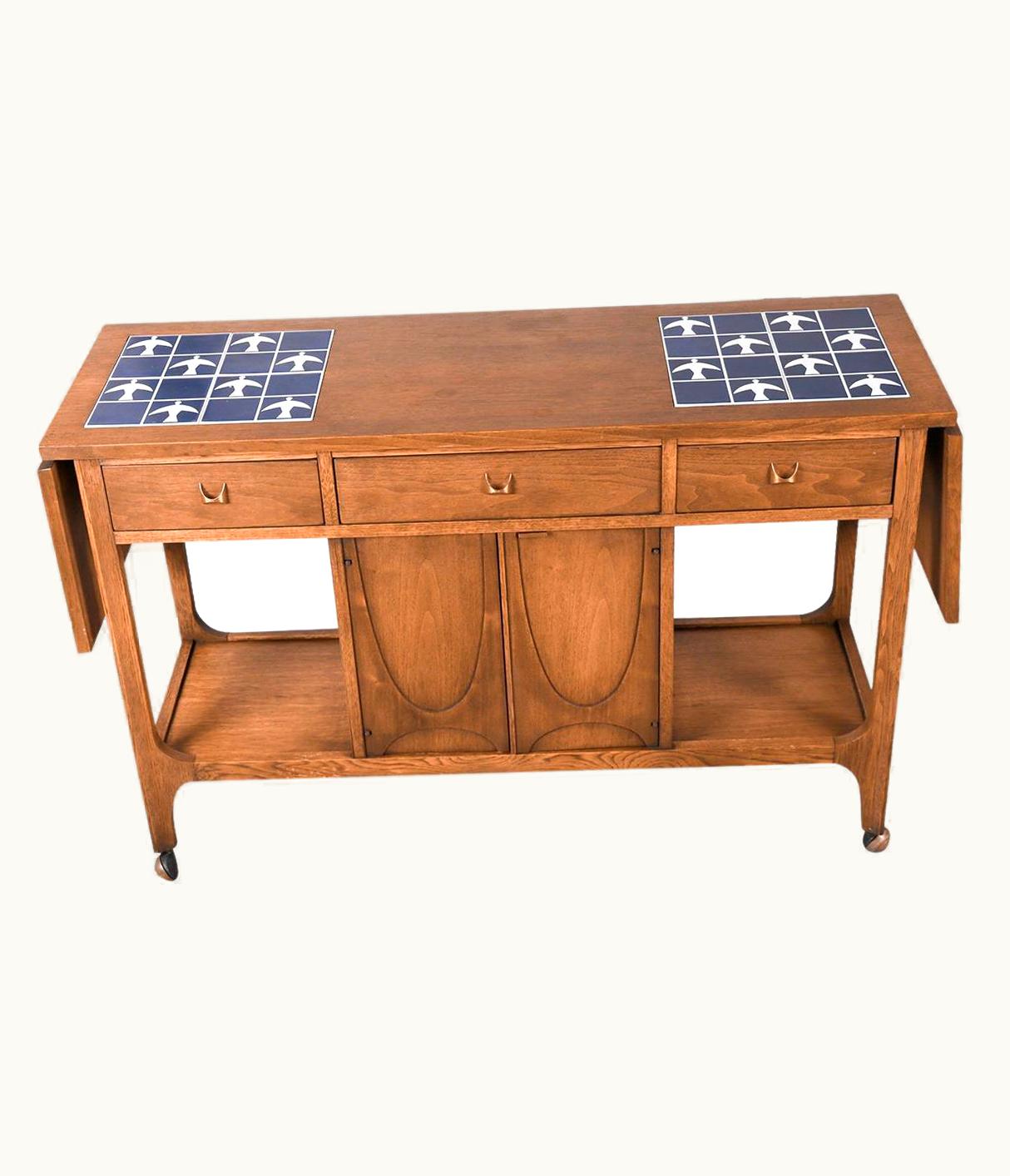 Oscar Niemeyer Oscar Niemeyer Mid Century Broyhill Brasilia Drop Leaf Tile Top Bar Cart Console Table