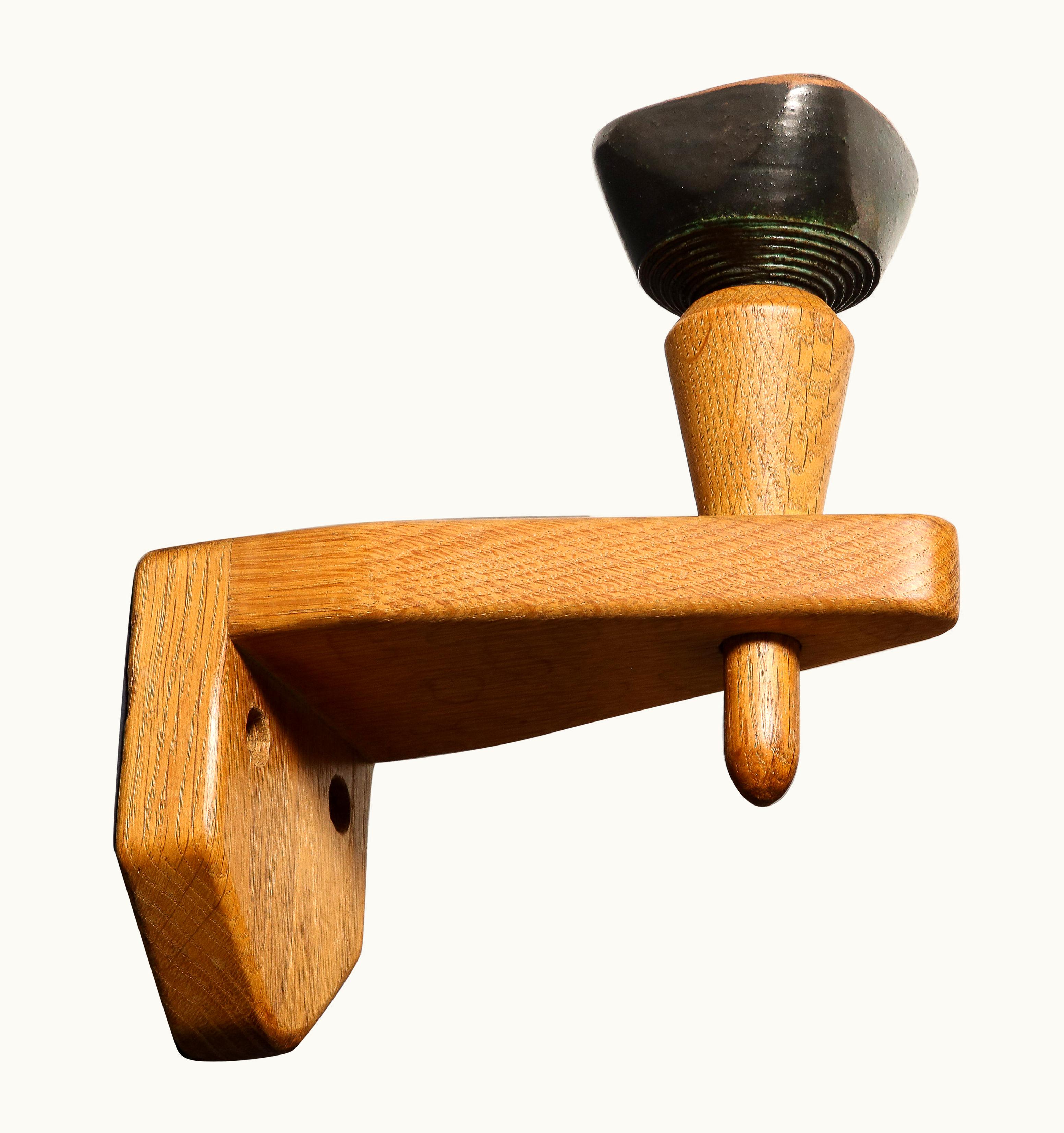 Guillerme et Chambron Guillerme et Chambron Single Solid Oak & Ceramic Sconce By Guillerme And Chambron, France, 1960s