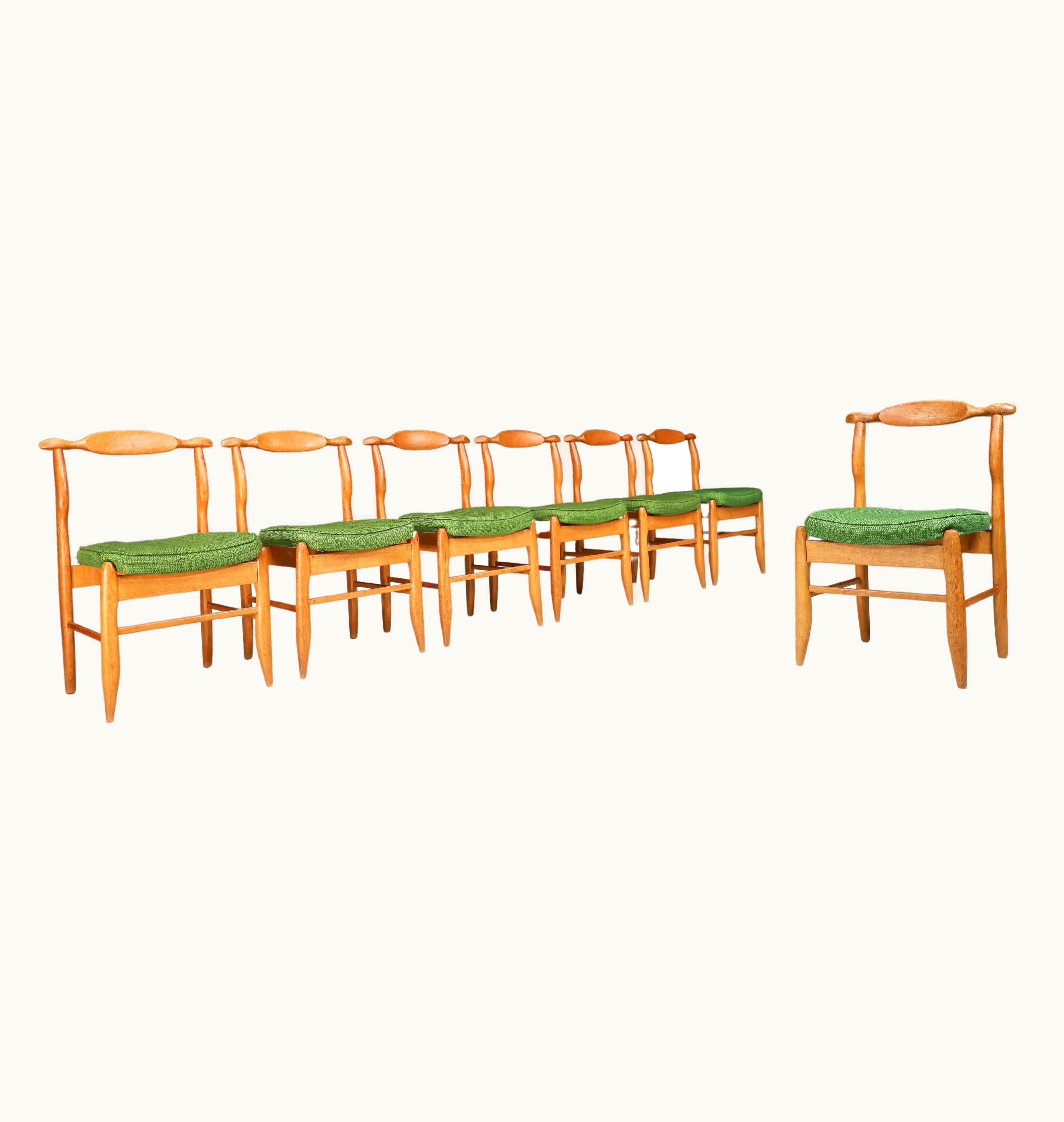 Guillerme et Chambron Guillerme et Chambron Set Of Eight Dining Chairs In Oak And Forrest Green Fabric