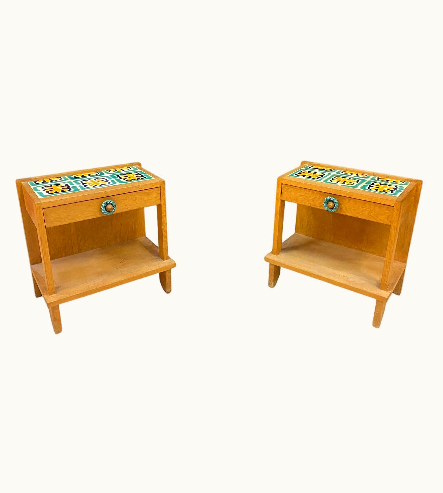 Guillerme et Chambron Guillerme et Chambron, Two Oak And Ceramic Nightstand, Circa 1970