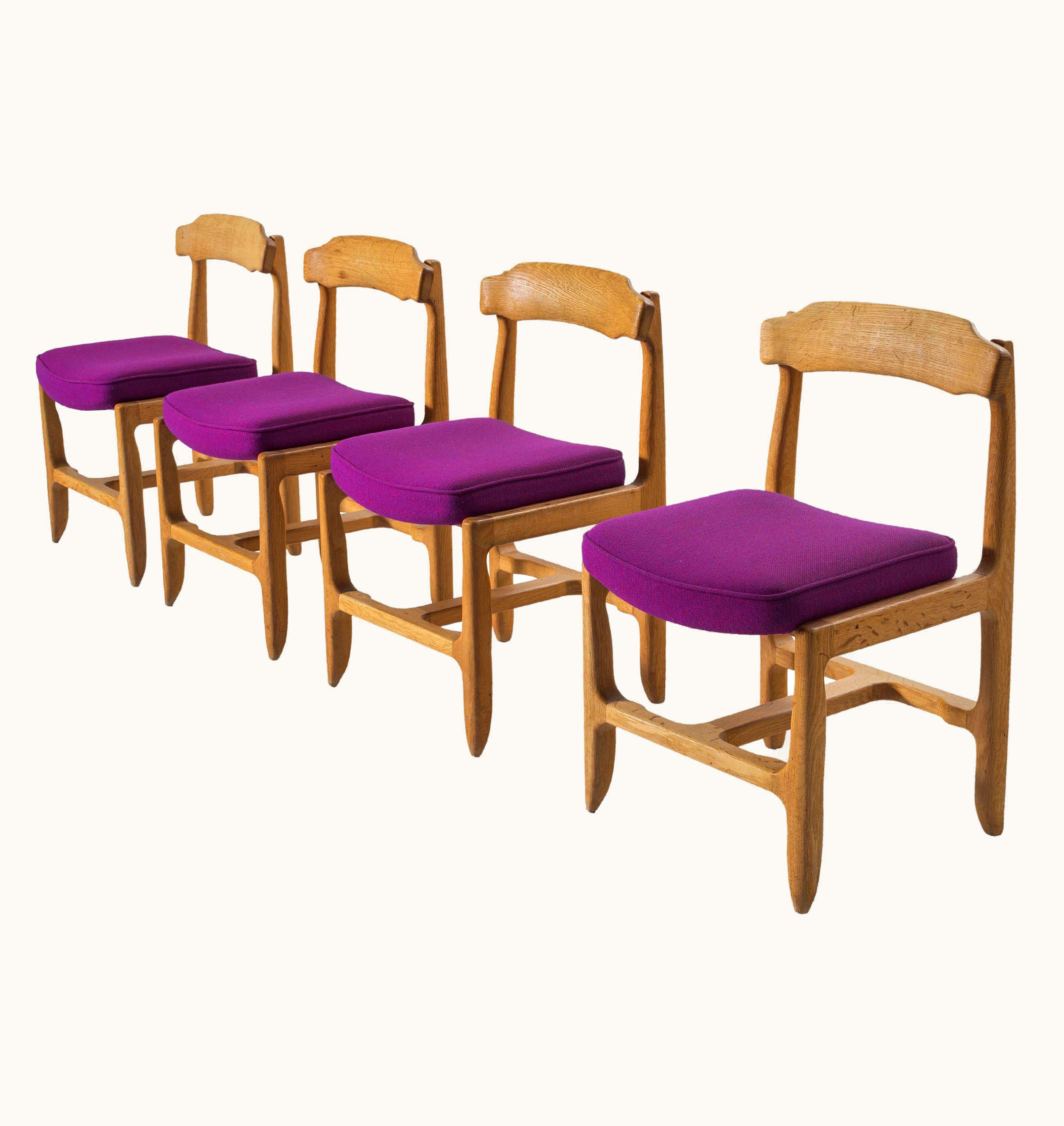 Guillerme et Chambron Guillerme et Chambron Set Of Four Dining Chairs In Oak And Purple Upholstery