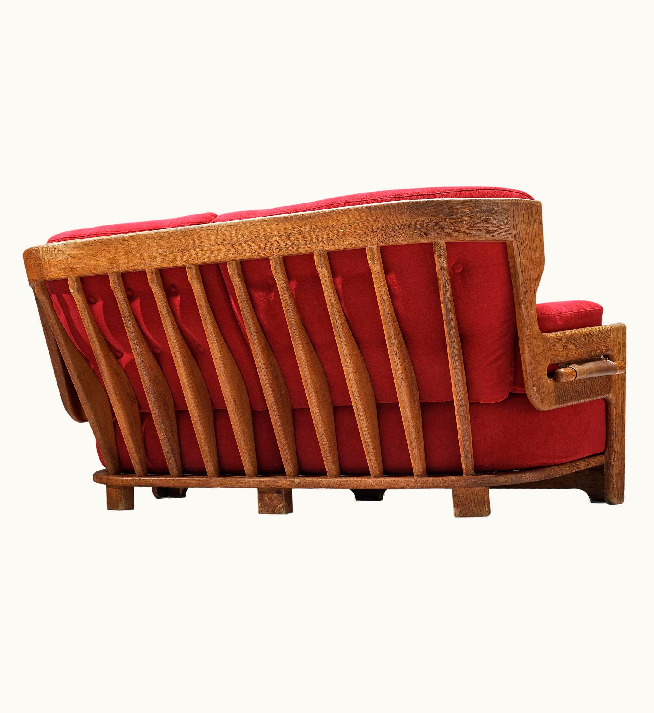Guillerme et Chambron Guillerme et Chambron Sofa 'Denis' In Solid Oak And Red Velvet