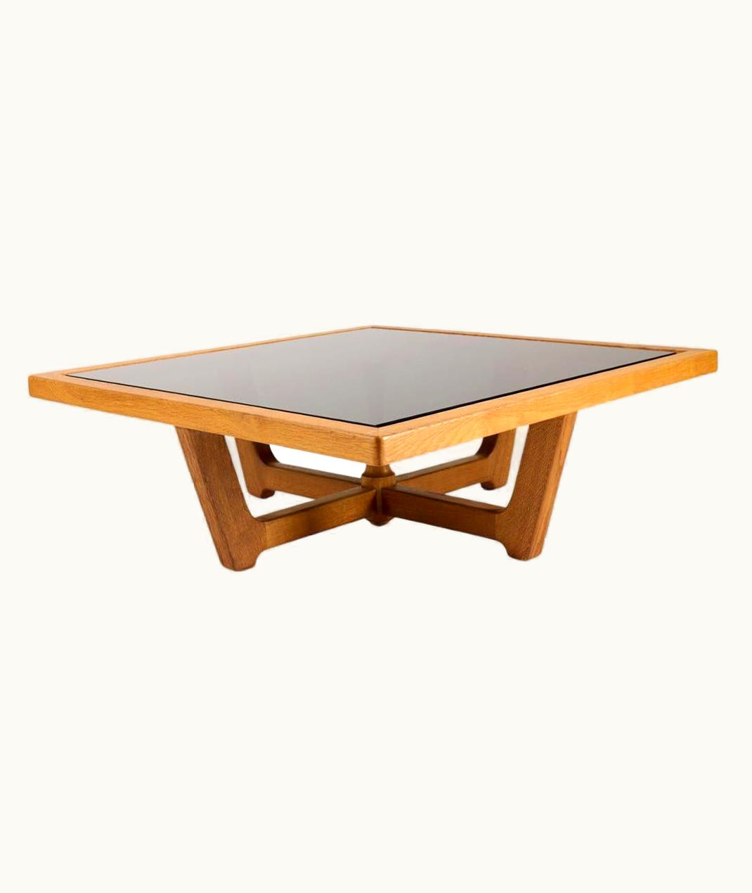 Guillerme et Chambron Guillerme et Chambron, Oak & Smoked Glass Coffee Table, France, Mid-Century