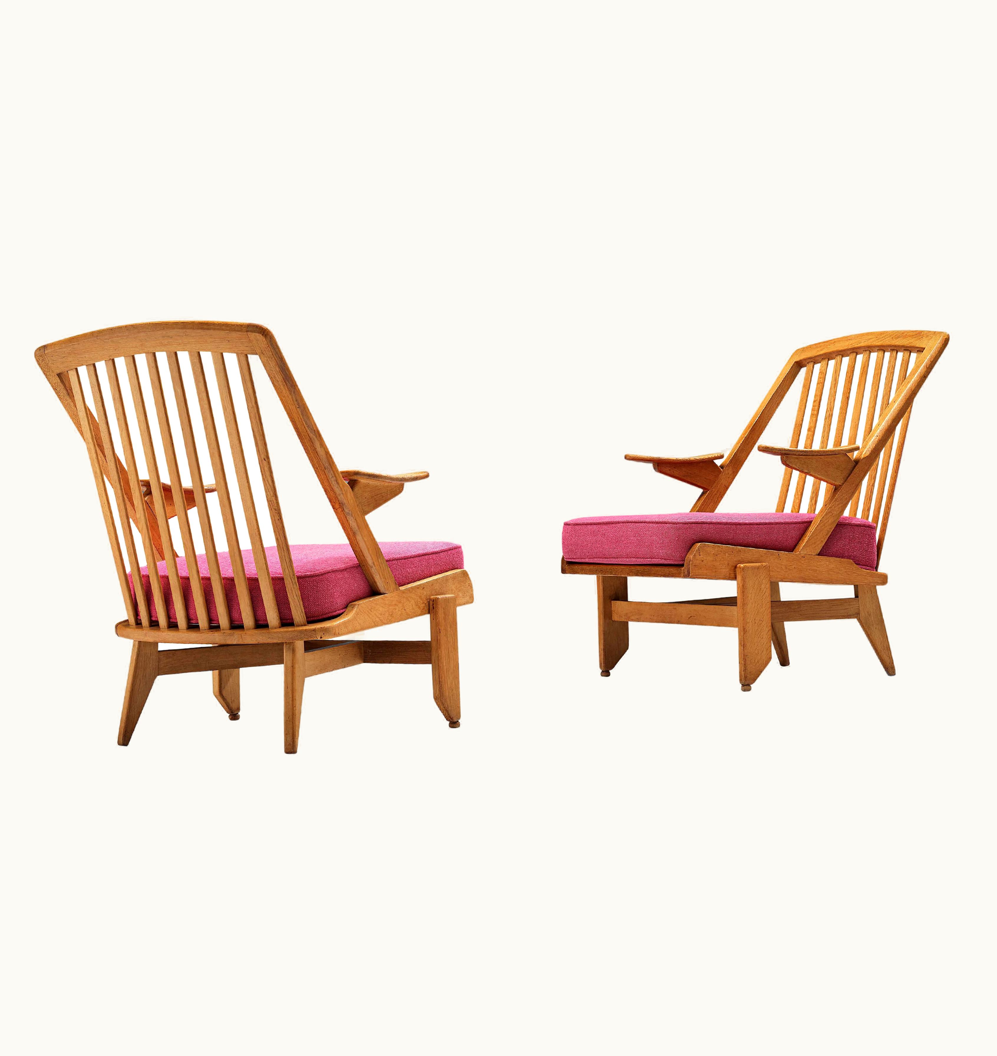 Guillerme et Chambron Guillerme et Chambron Pair Of Lounge Chairs In Oak And Pink Upholstery