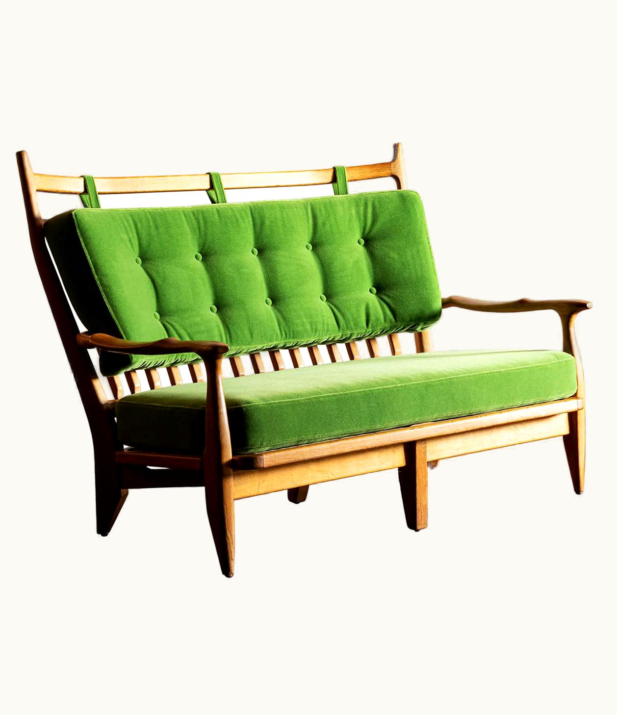Guillerme et Chambron Guillerme et Chambron Settee In Oak With Mohair Velvet Cushions, France, 1960s